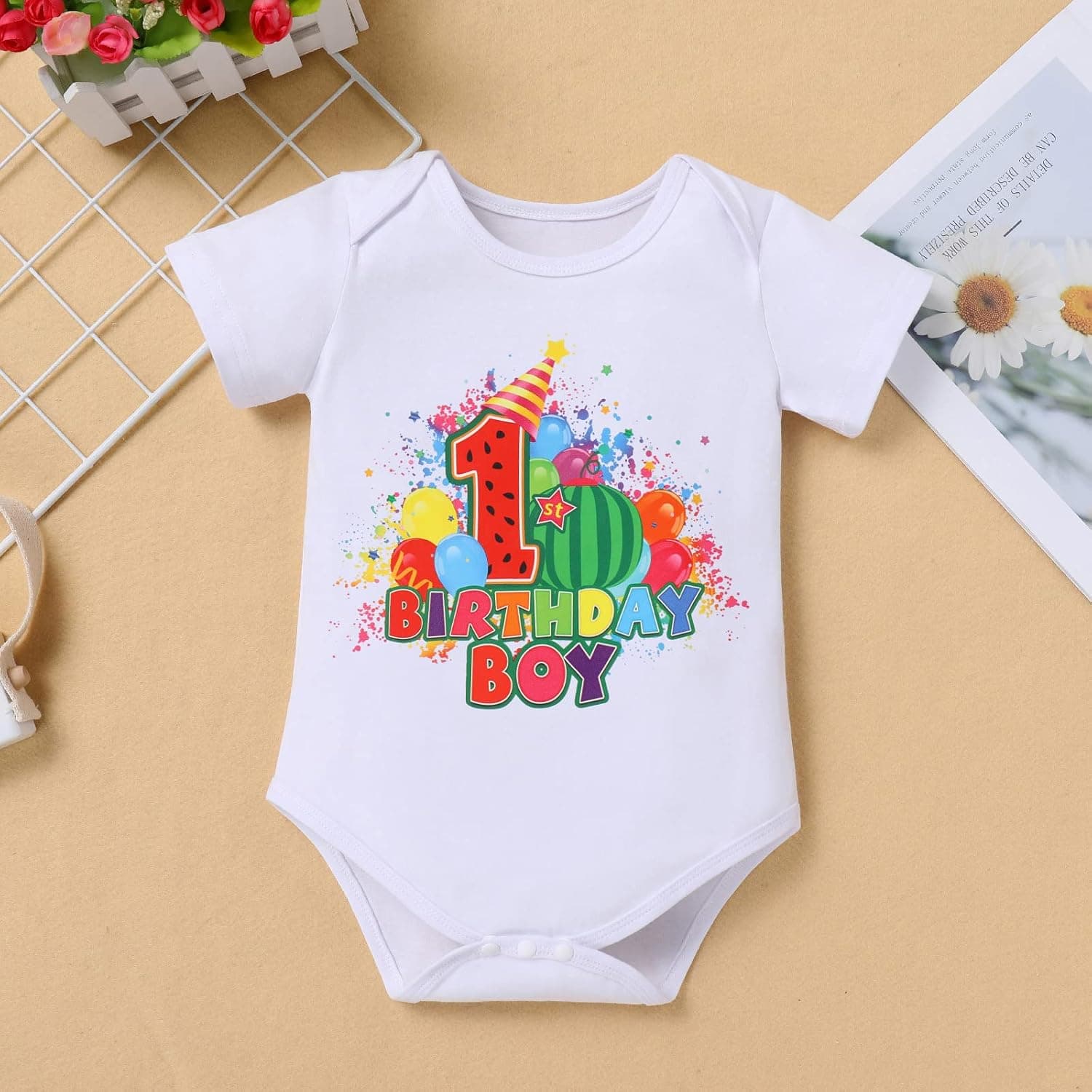 Toddler Baby Boys Melon Birthday Outfit Romper T-shirt + Jeans Shorts + Suspenders Rainbow Cake Smash Photo Shoot 1-5T