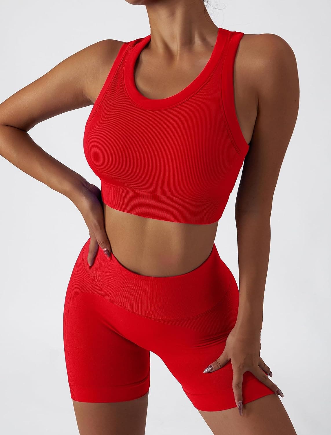 Workout Sets for Women 2 Piece Seamless Ribbed Tank Top Sport Bra High Waist Biker Shorts GYM Yoga Exercise Outfits