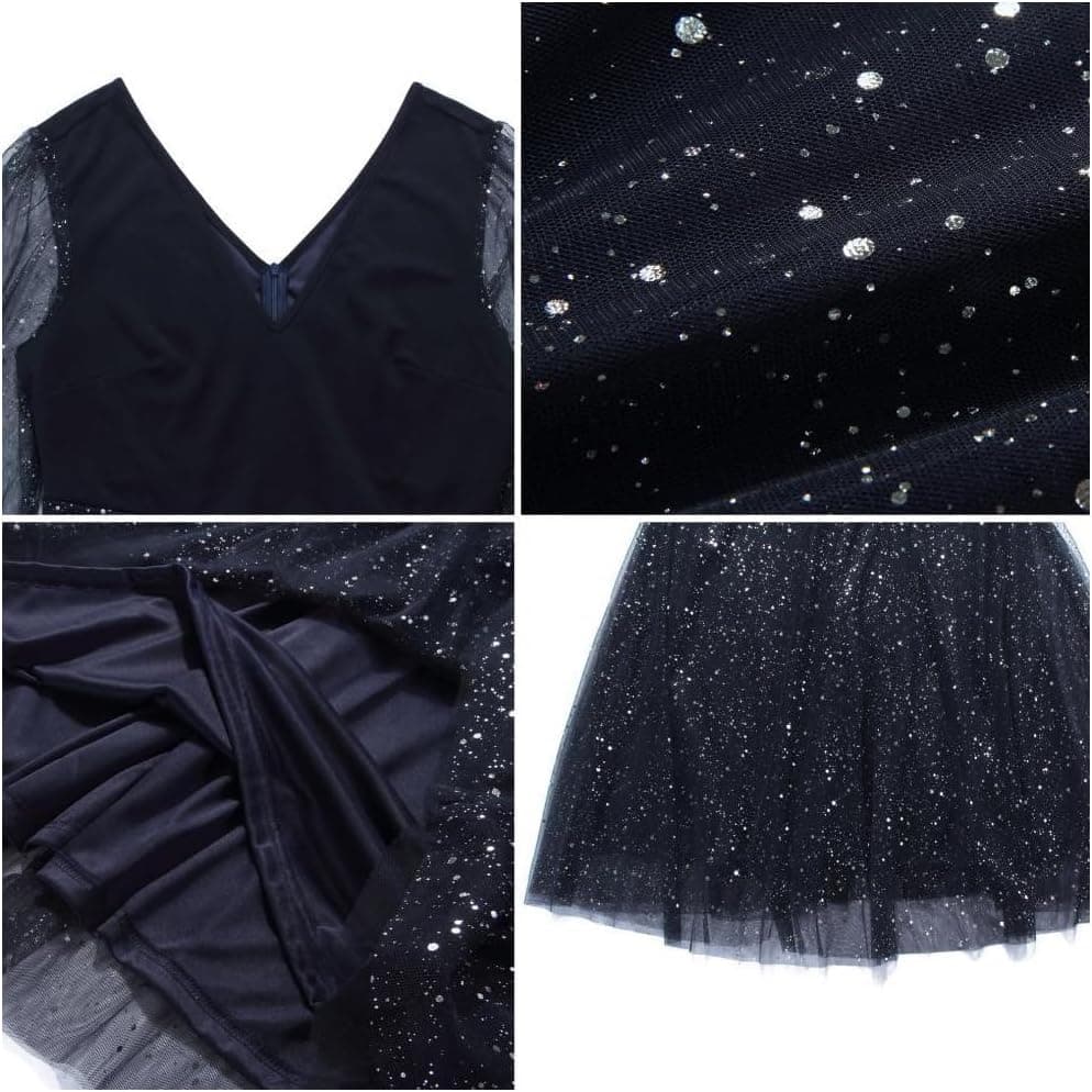 Plus Size Wedding Guest Dress for Women Long Sleeve V Neck Mesh Ruffle Party Dress Sparkle Glitter Cocktail Dress