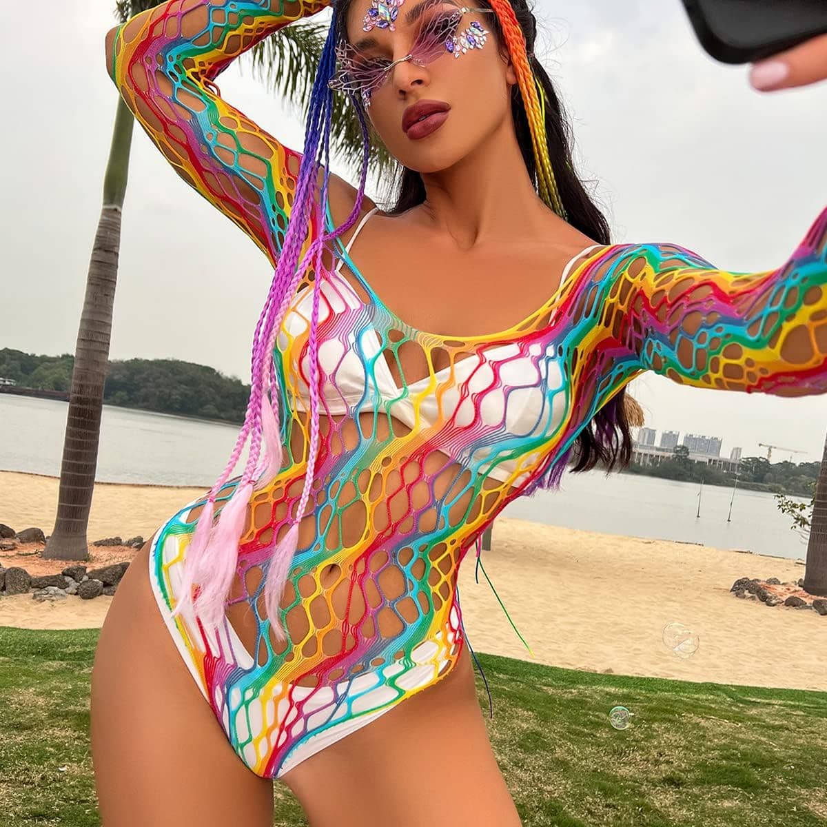 Women Rainbow Rave Outfit Fishnet Dress Bodysuit Music Festivals Halloween Cosplay Costume Sexy Disco Dance Clubwear