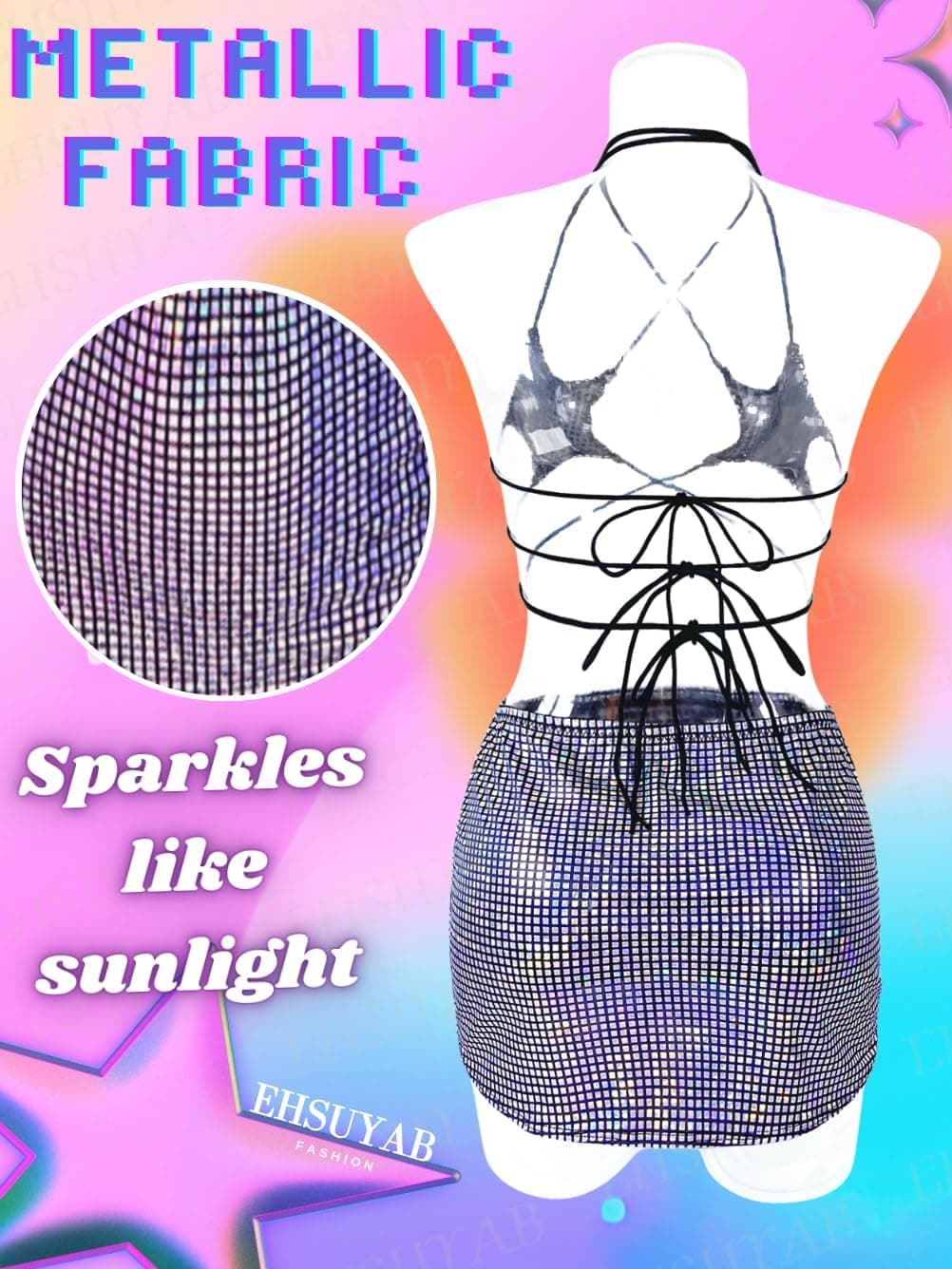 Rave Clothes for Women, Star Tie Bra, Skirt Wrap, Shiny Metallic Outfits