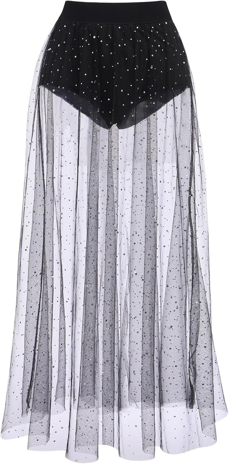 Women Shiny Stars Rave Skirt Flowy Mesh Tulle Maxi Skirts with Booty Bottoms Music Festival Clothes Halloween Costume