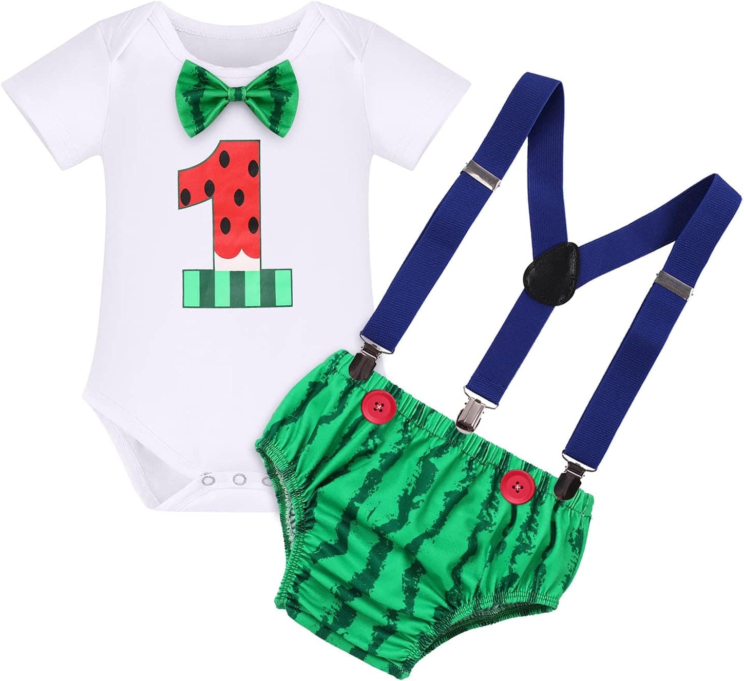 Baby Boys Melon 1st 2nd Birthday Cake Smash Outfit Romper + Shorts + Suspenders Photo Shoot Clothes Set 1-2T