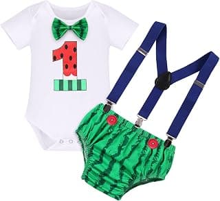 Baby Boys Melon 1st 2nd Birthday Cake Smash Outfit Romper + Shorts + Suspenders Photo Shoot Clothes Set 1-2T