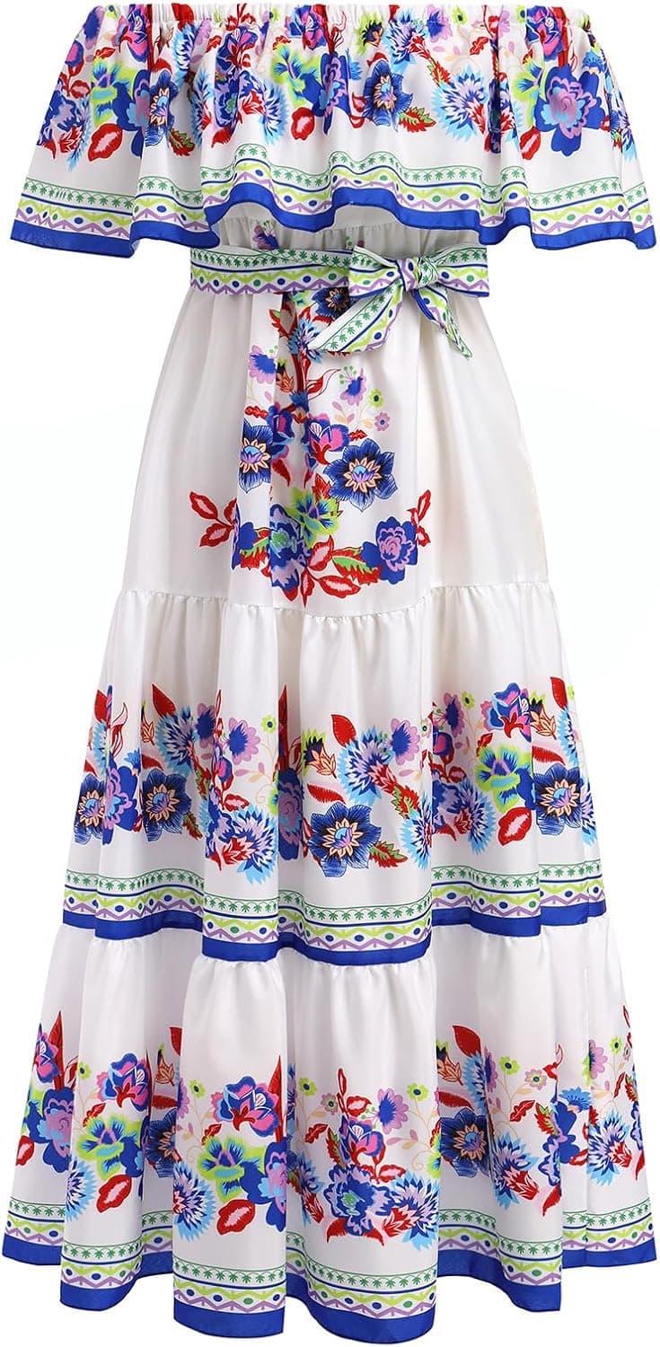 Women Mexican Dress Summer Floral Print Traditional Ethnic Wear Off Shoulder Beach Holiday Party Long Maxi Gowns