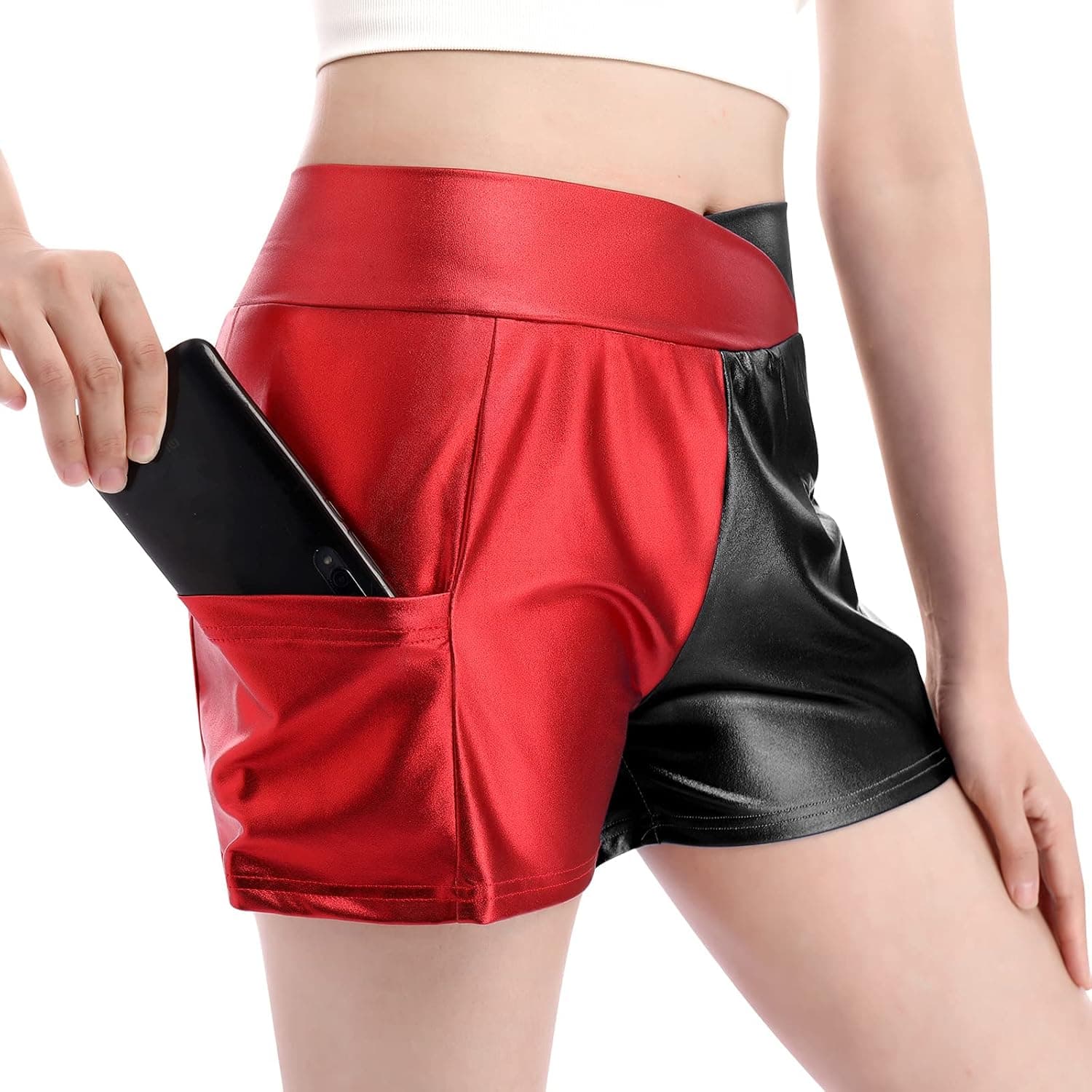 Women's Metallic Rave Shorts Shiny Hot Pants Color Block Disco Dance Bottoms Halloween Cosplay Clubwear Costumes