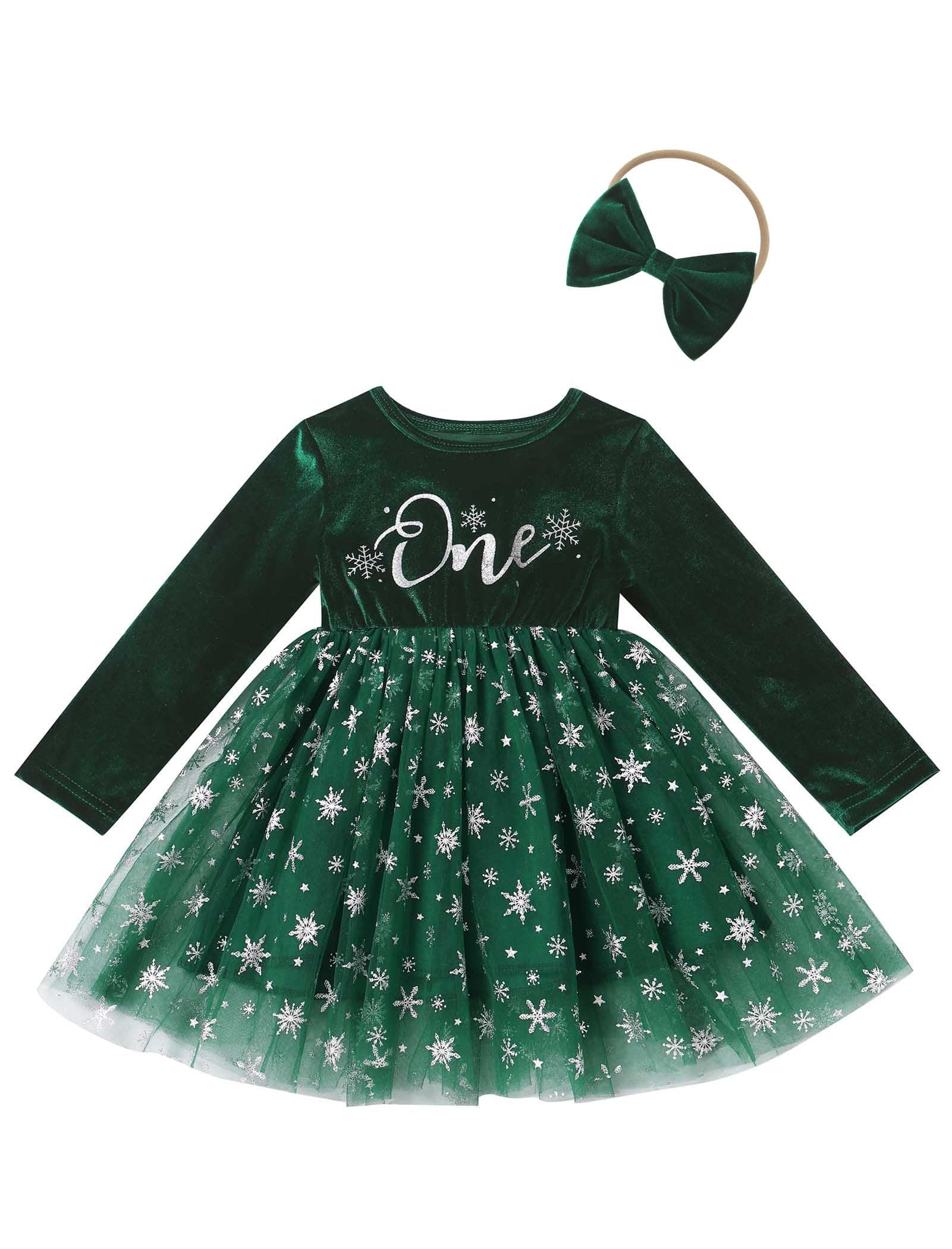 Winter Snowflake Velvet Dress and Headband Set for Baby Girls' 1st Birthday and Christmas Photos