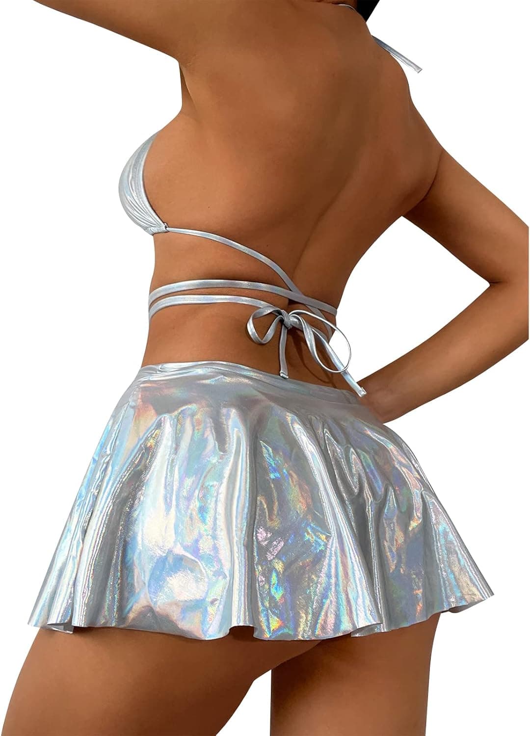 Women Metallic Rave Outfit Shiny Crop Top Bra Skirt Fringe Swimsuit Music Festivals Halloween Cosplay Alien Costume