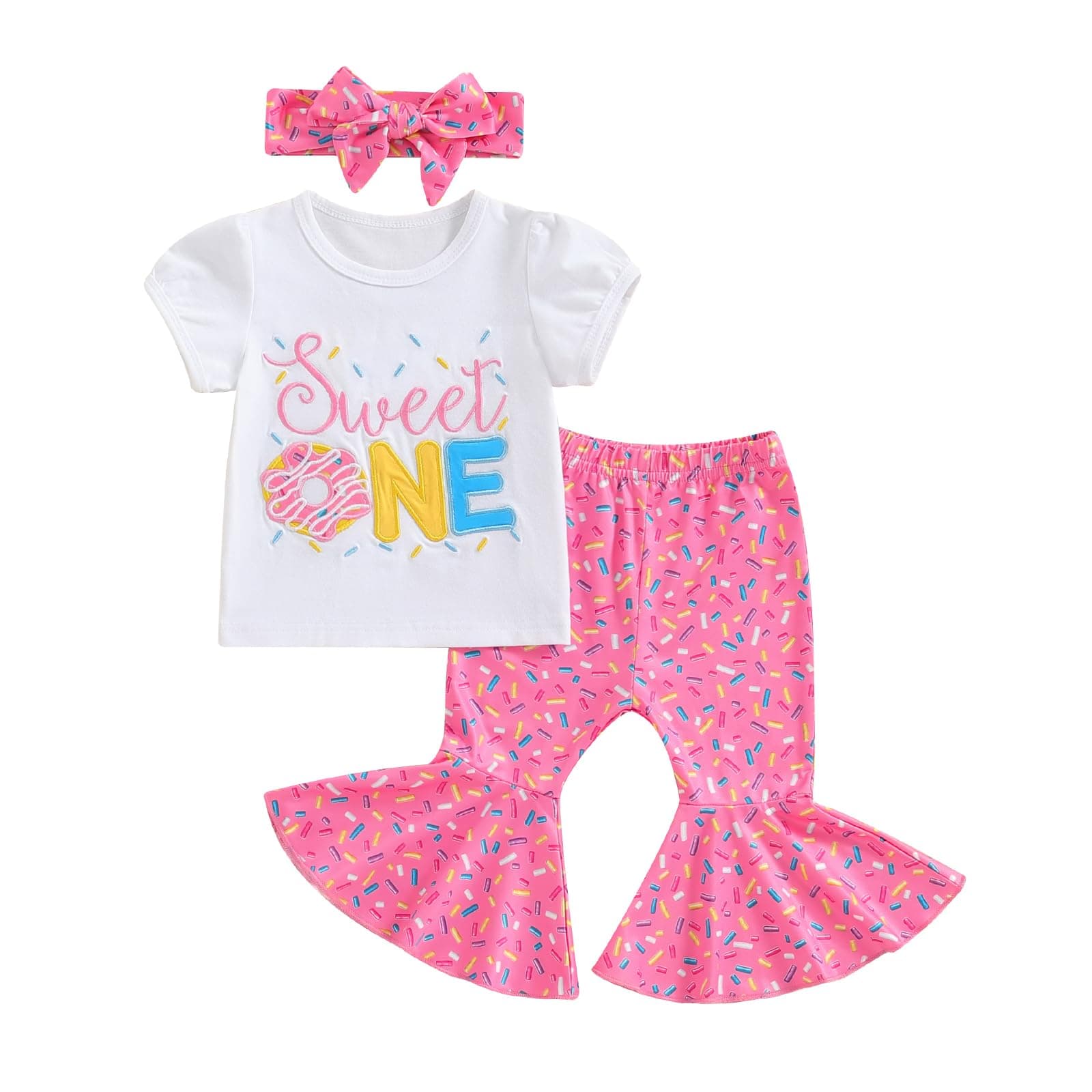 3Pcs Baby Girl Birthday Outfit Sweet One Two Short Sleeve T-Shirt Tops Bell Bottom Pants Set