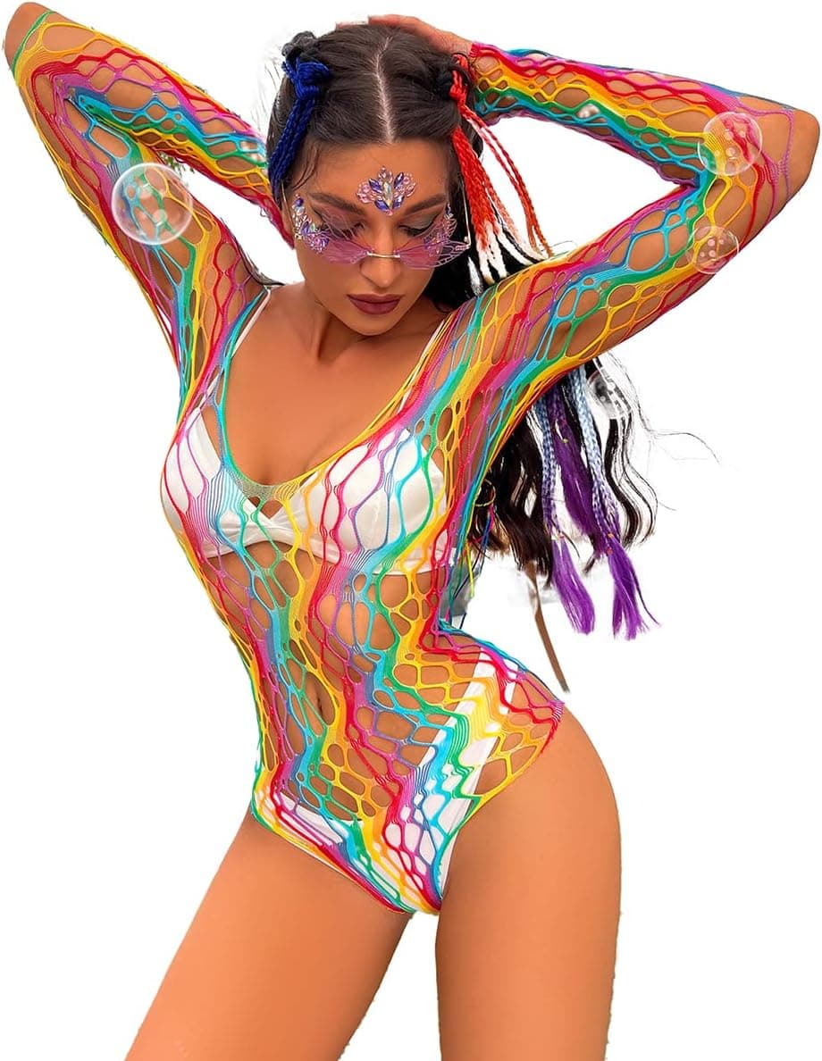 Women Rainbow Rave Outfit Fishnet Dress Bodysuit Music Festivals Halloween Cosplay Costume Sexy Disco Dance Clubwear