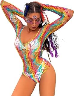Women Rainbow Rave Outfit Fishnet Dress Bodysuit Music Festivals Halloween Cosplay Costume Sexy Disco Dance Clubwear