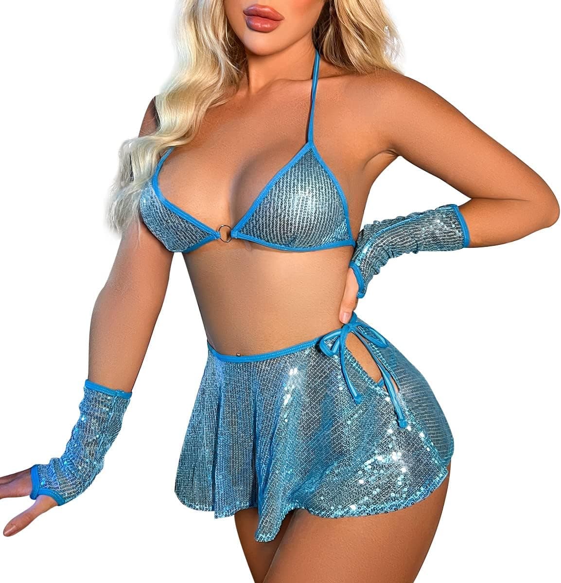 Women Metallic Rave Outfit Shiny Crop Top Bra Skirt Swimsuit Music Festivals Halloween Cosplay Costume
