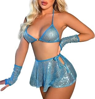Women Metallic Rave Outfit Shiny Crop Top Bra Skirt Swimsuit Music Festivals Halloween Cosplay Costume