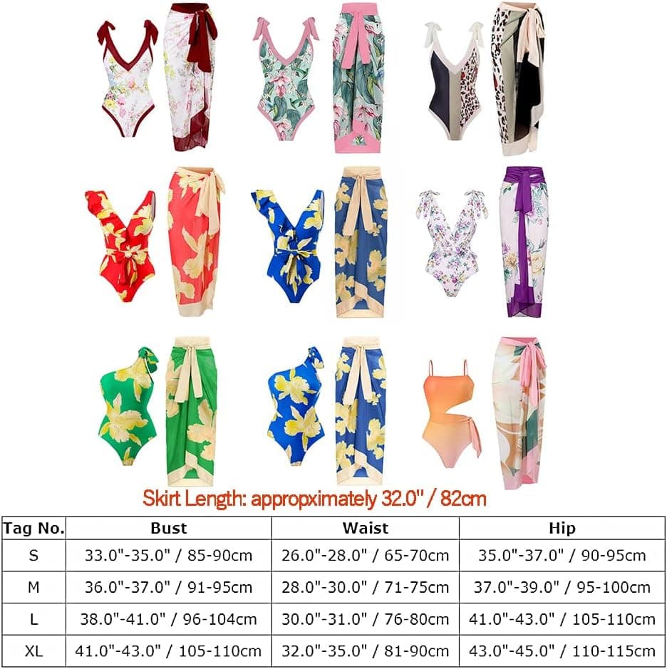 Women 2 Pieces Beach Swimsuit Floral Print Tropical Bikini Swimsuit with Cover up Wrap Skirt Bathing Suits