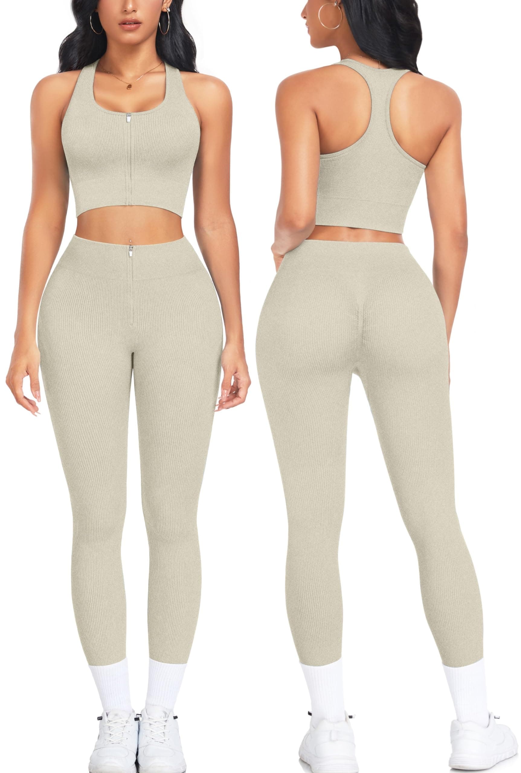 OLCHEE Women's Seamless Ribbed Workout Set - Acid Wash Yoga Leggings and Keyhole Crop Top Bra