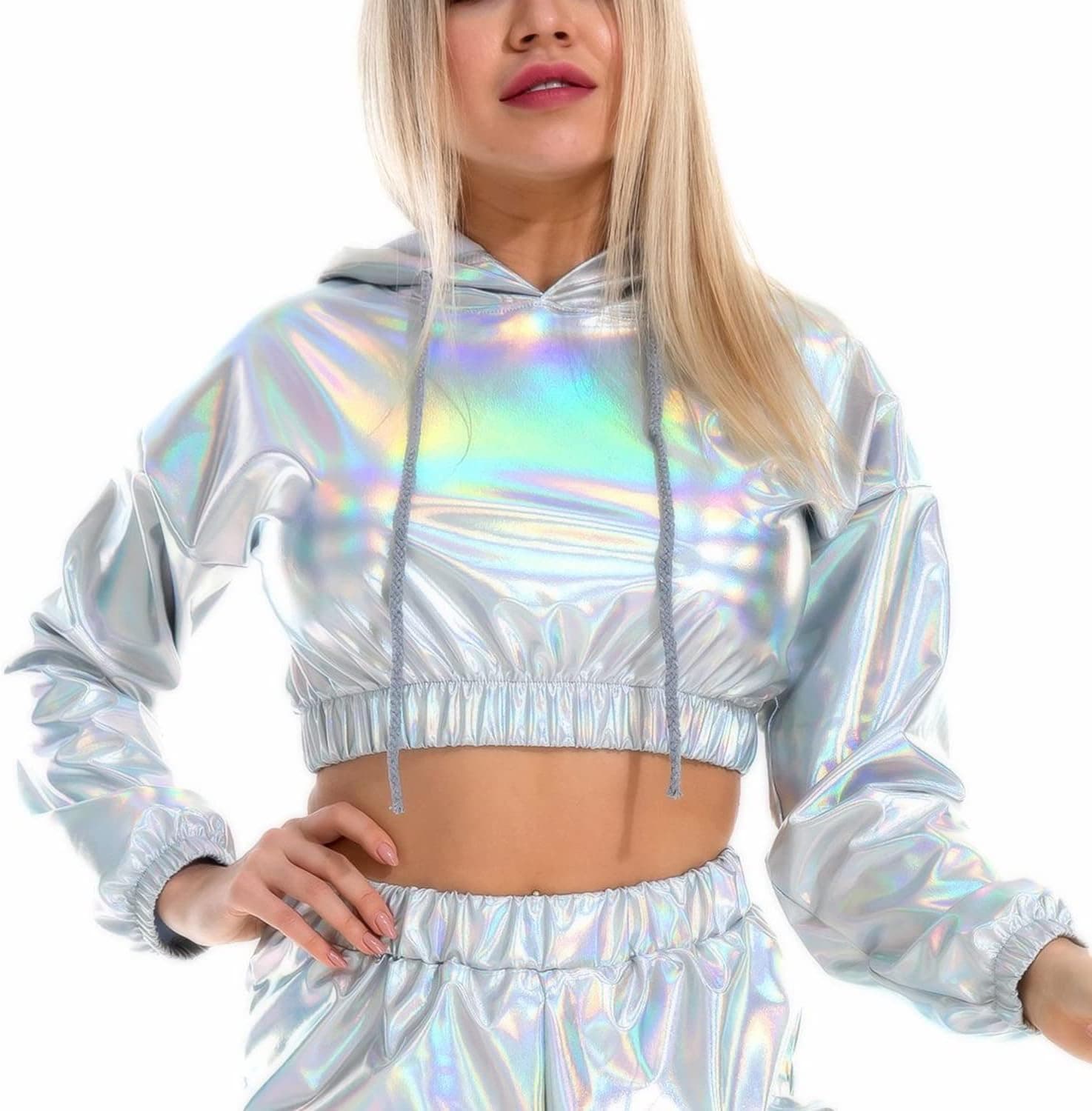 Holographic Crop Top Hoodies Shiny Metallic Top Rave Outfits For Women
