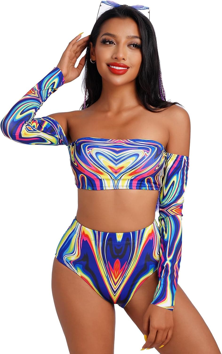 Women Rave Outfit Vintage Bikini Set Rainbow Bra Top with Bottom Summer Beach Holiday Swimwear Bathing Suits