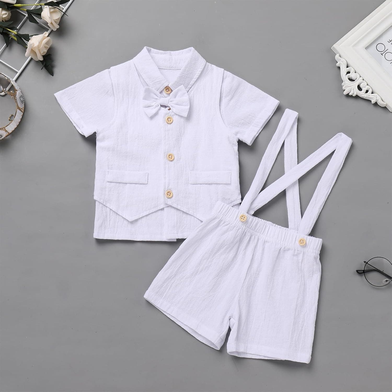 Toddler Baby Boy Baptism Christening Outfit Bowtie Dress Shirt Suspenders Shorts Vest Wedding Formal Suits