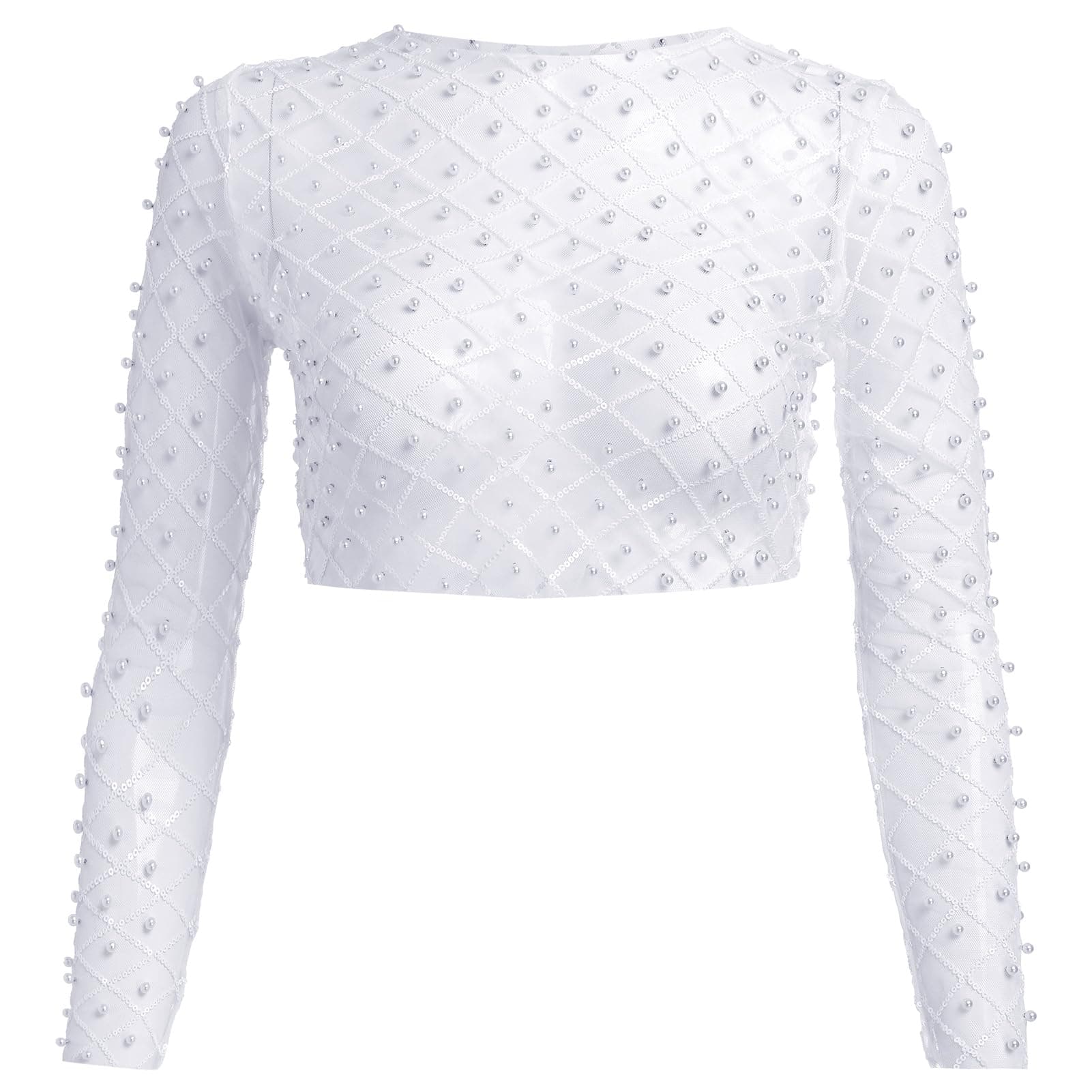 IMEKIS Sparkle Sequins Beads Sheer Mesh Crop Top for Women