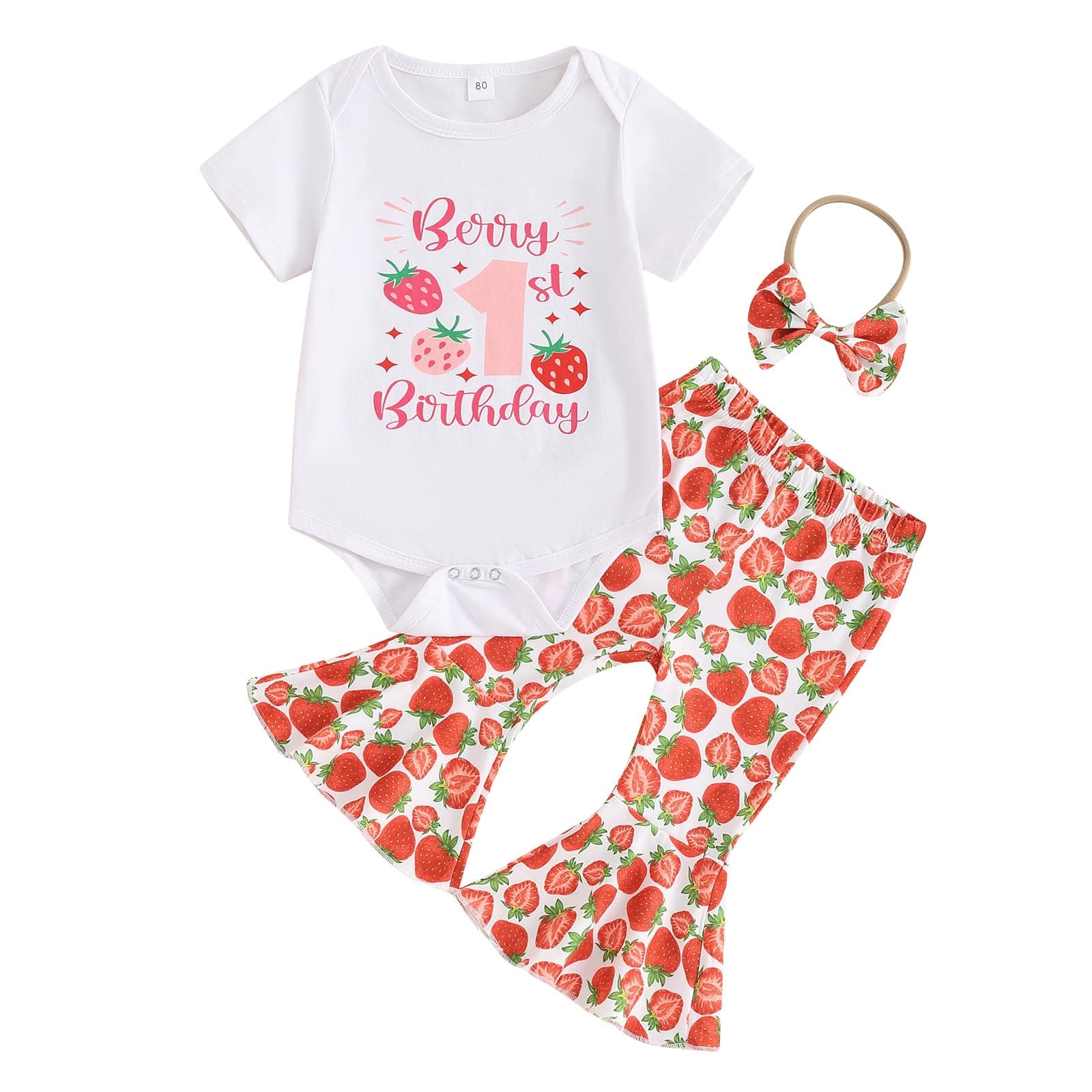 Strawberry Bell Bottoms Romper for 1st Birthday Girl
