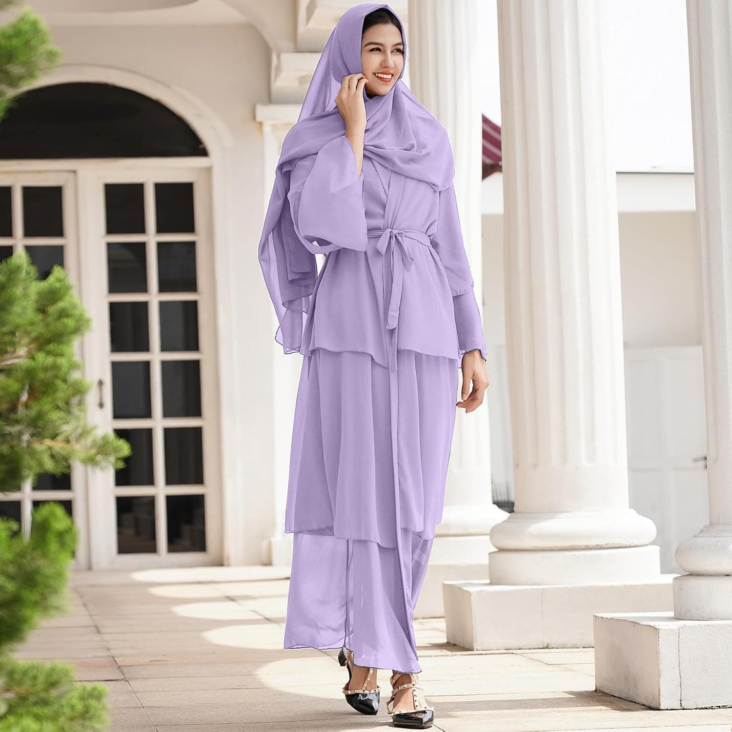 Women Muslim Chiffon Abaya Modest Open Front Cardigan Dress with Hijab Middle East Arabian Robe Islamic Dubai Outfit