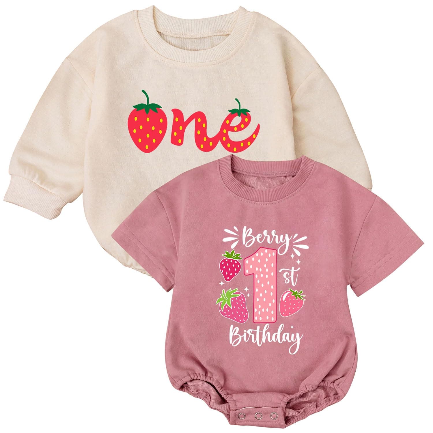 2Pcs Strawberry Romper for 1st Birthday Girl, Cute Baby Outfit