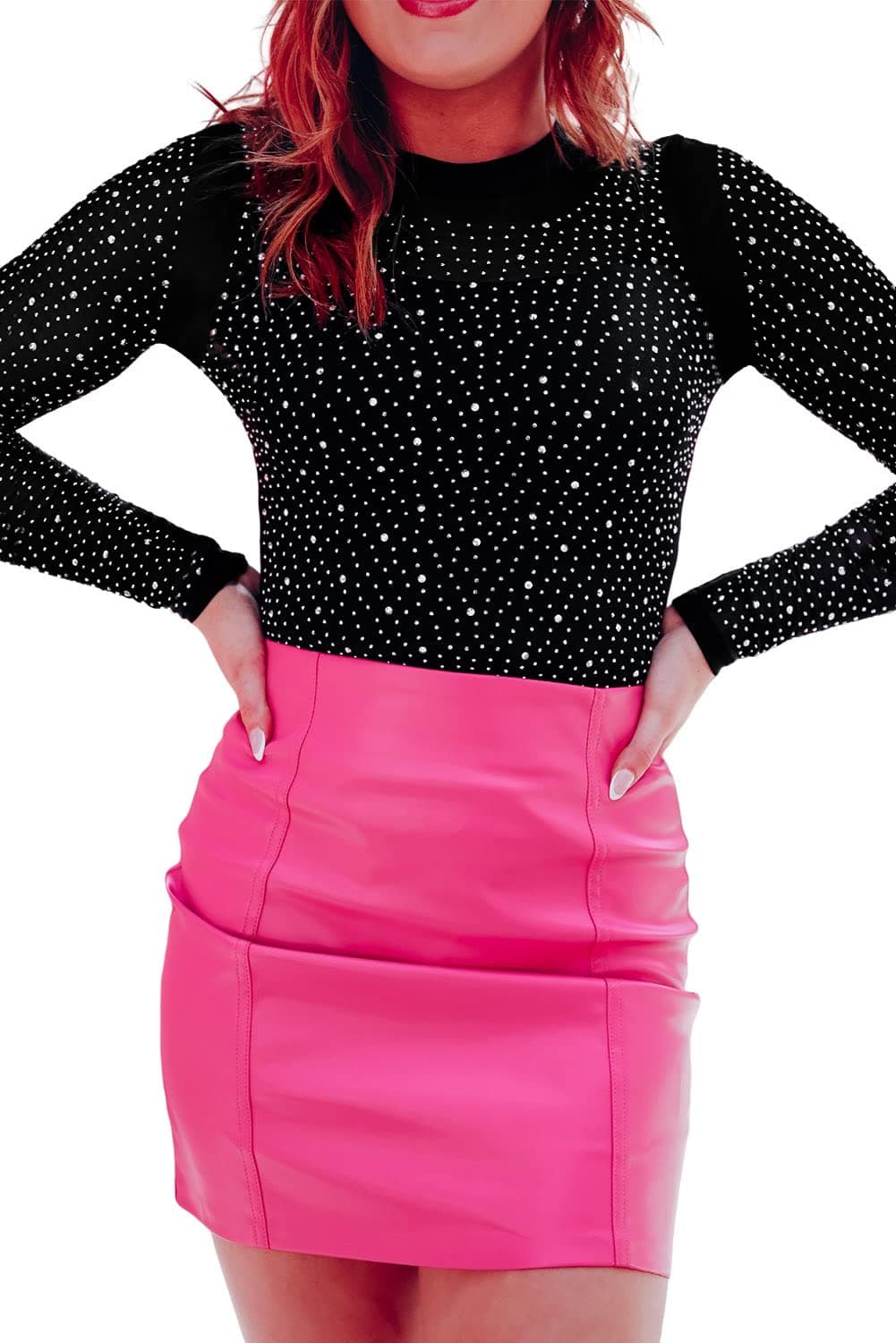 Hotmiss Rhinestone Stud Fishnet Long Sleeve Thong Bodysuit for Women