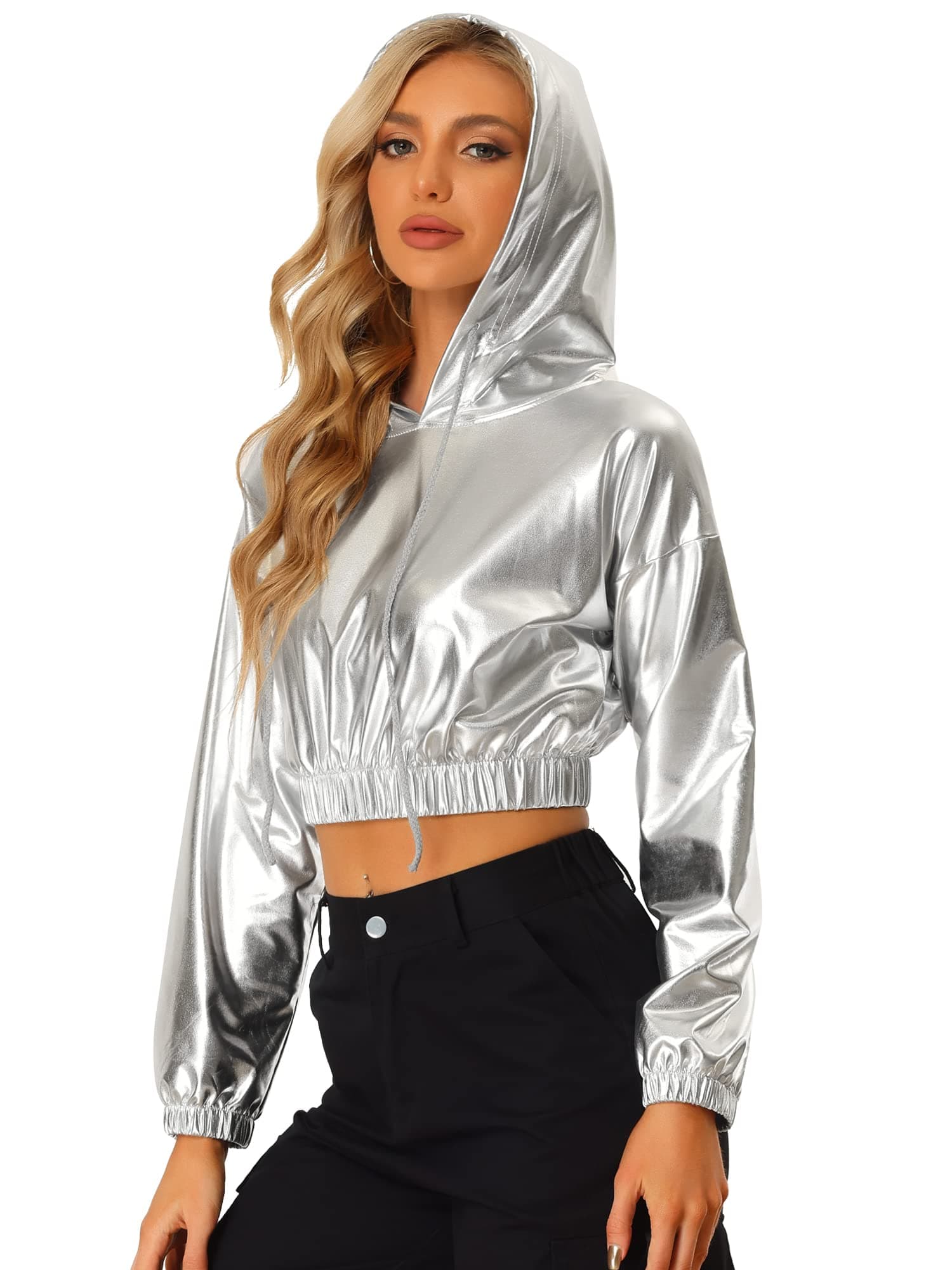 Holographic Metallic Crop Top Hoodies for Women
