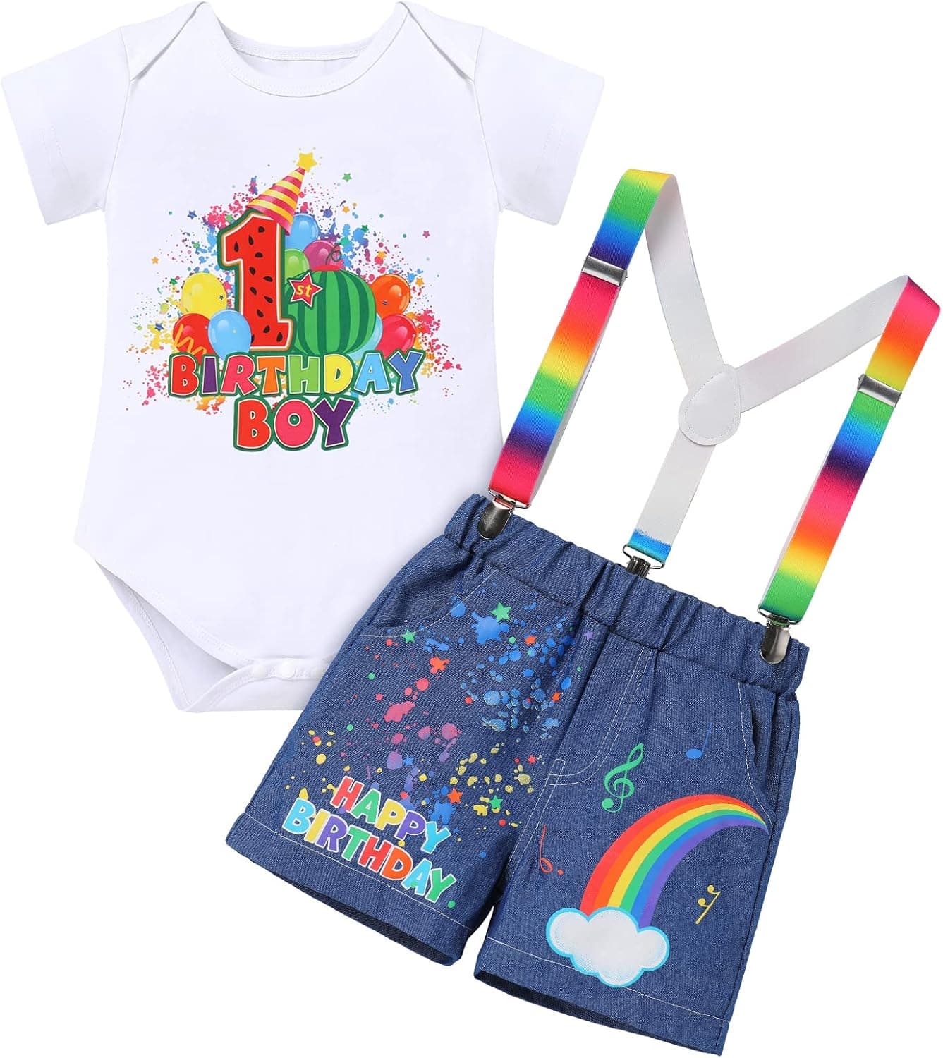 Toddler Boys Melon Birthday Outfit Romper Top + Jeans Shorts + Suspenders Cake Smash Photo Shoot Summer Clothes 1-5T