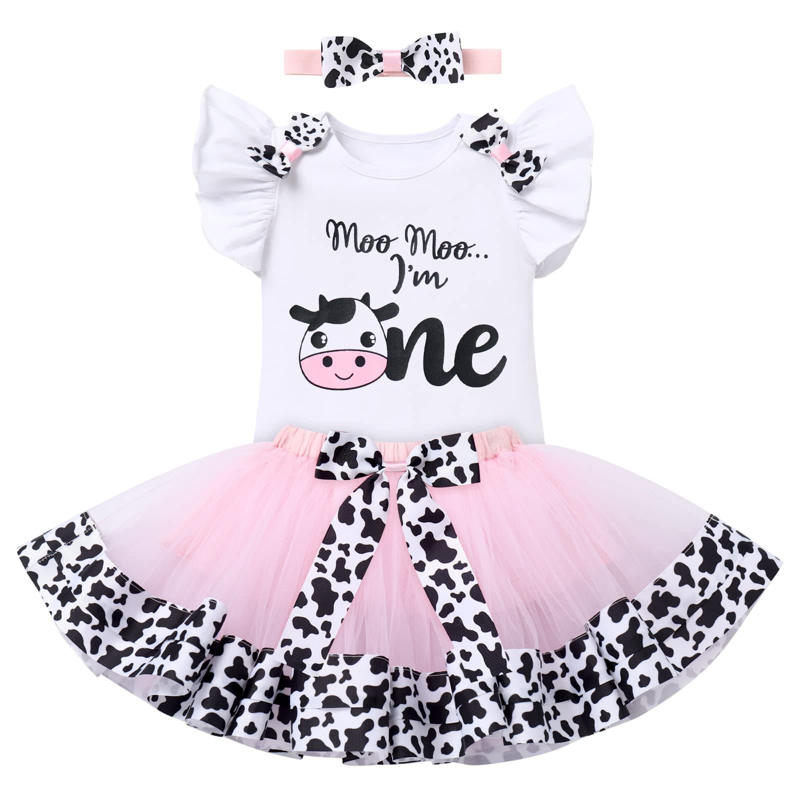 Baby Girl 1st Birthday Farm Cow Ladybug Romper Tutu Skirt Headband Cake Smash Photo Shoot Clothes