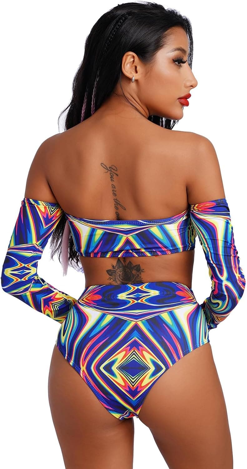 Women Rave Outfit Vintage Bikini Set Rainbow Bra Top with Bottom Summer Beach Holiday Swimwear Bathing Suits