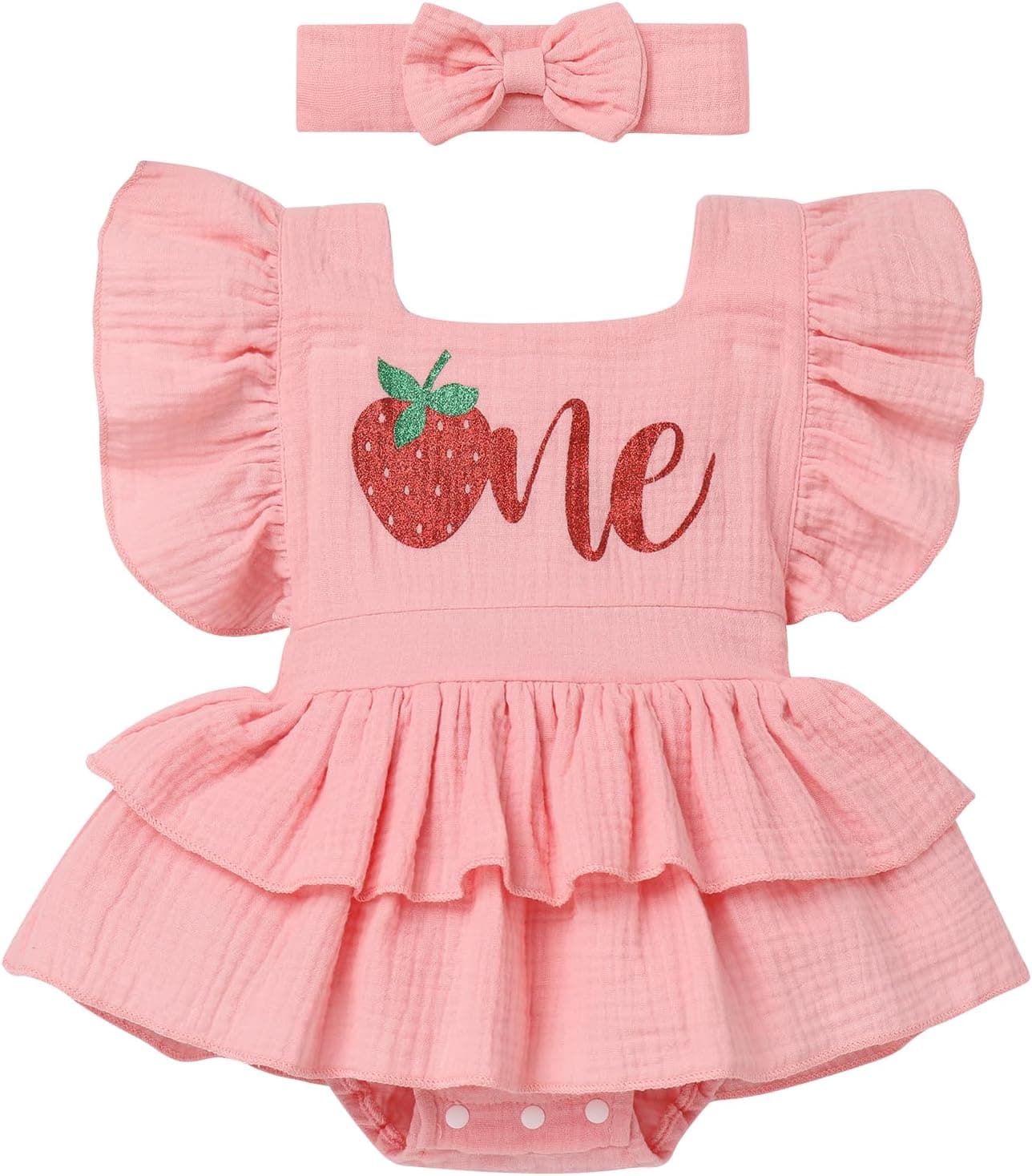 Baby Girl 1st Birthday Outfit Berry Melon One Boho Romper Headband Summer Cake Smash Photo Shoot Clothes