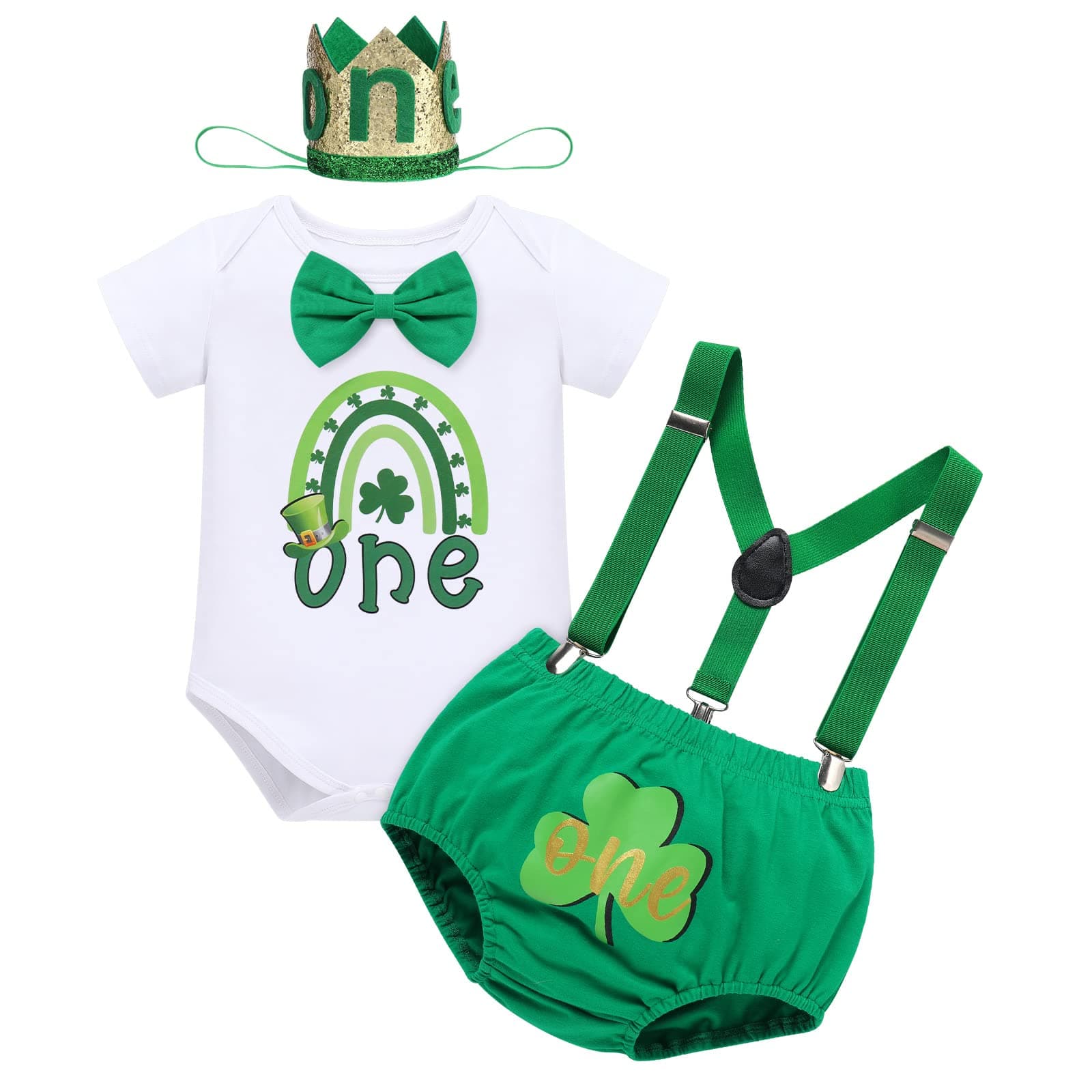 Baby Boy St. Patrick's Day Green Romper with Suspender Shorts and Crown Hat