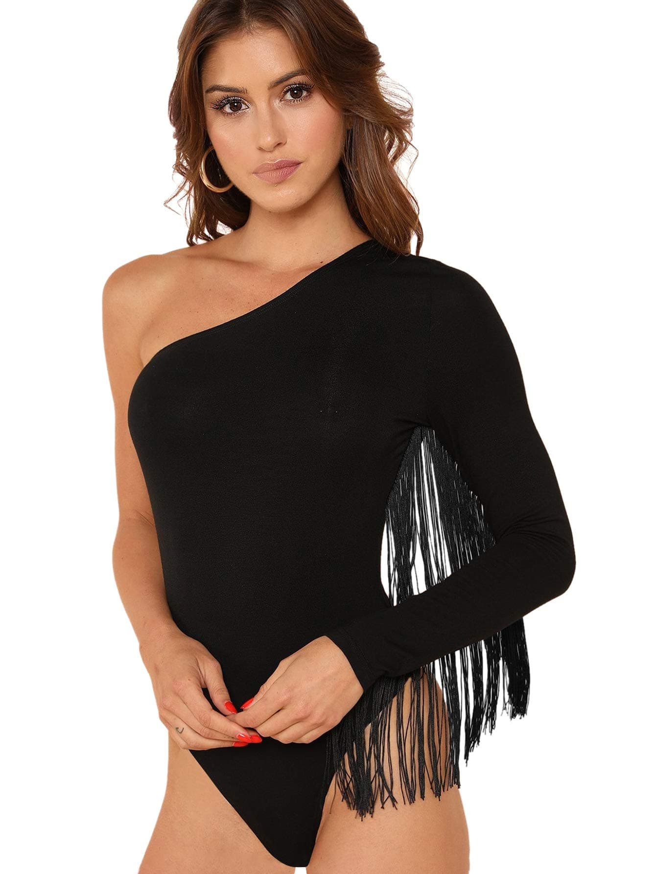 Women's Fringe Trim One Shoulder Bodysuit Top by Verdusa