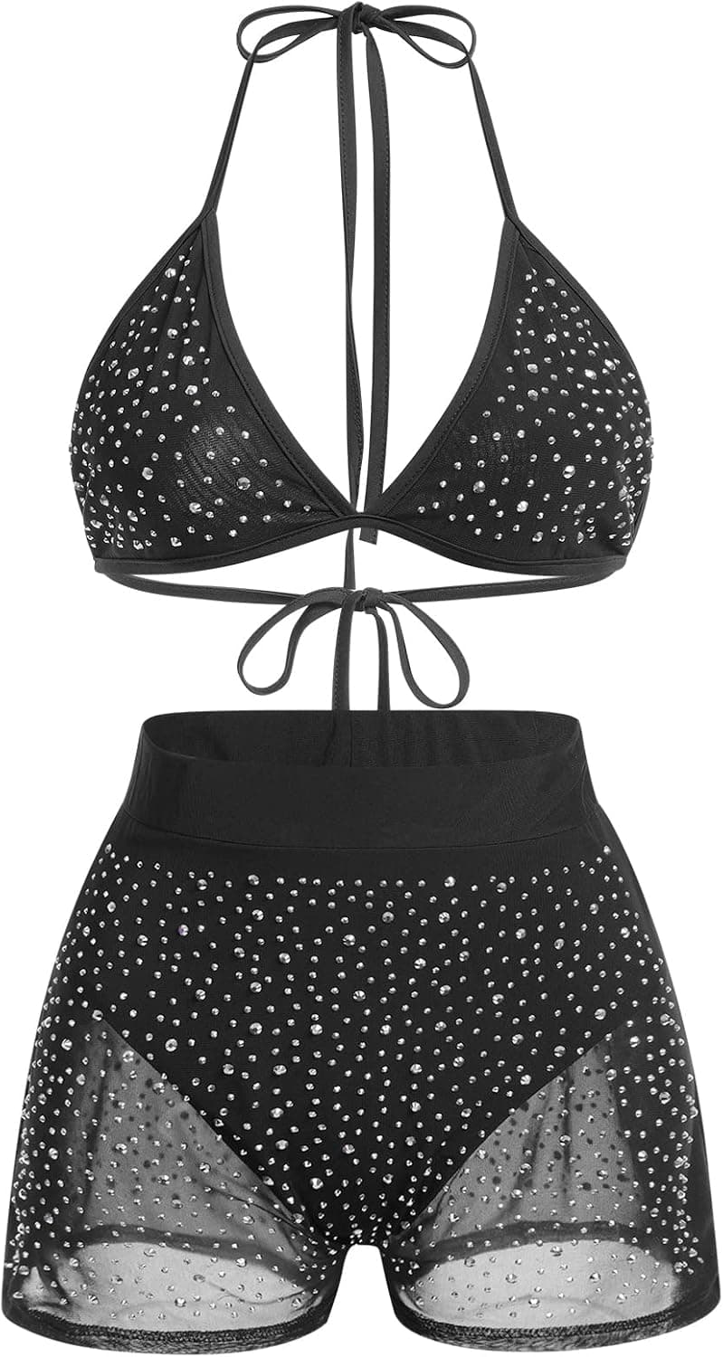 Women Sparkle Rhinestone Rave Outfits Mesh Halter Bra Top with Shorts Festivals Pole Dance Costume Summer Bikini Set