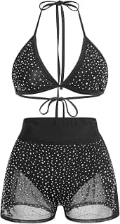 Women Sparkle Rhinestone Rave Outfits Mesh Halter Bra Top with Shorts Festivals Pole Dance Costume Summer Bikini Set