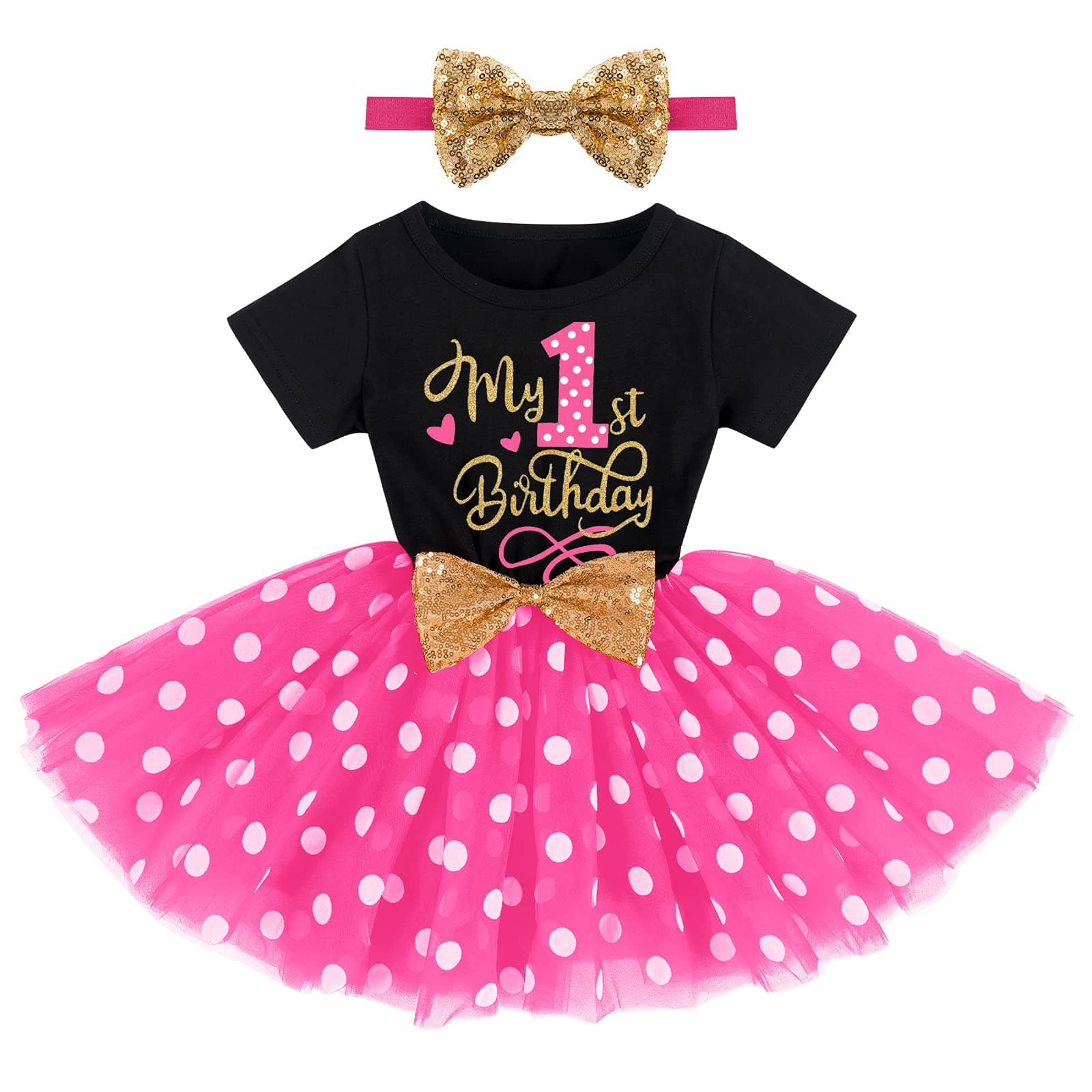 Birthday Outfit for Baby Girls: Mouse Ladybug Dress with Headband and Polka Dots Tutu Skirt Set