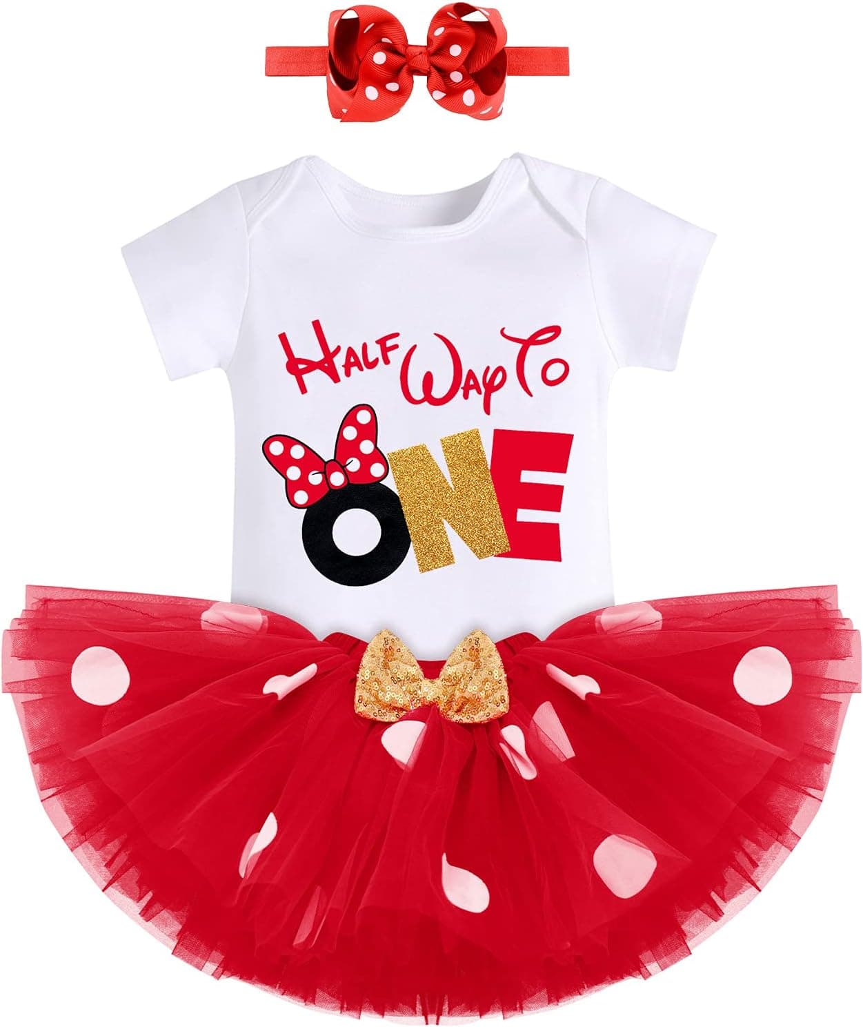 Baby Girls 1st Birthday Outfit Polka Dots ONE Romper Tutu Skirt Mouse Ears Headband Cake Smash Costume for Photo Shoot