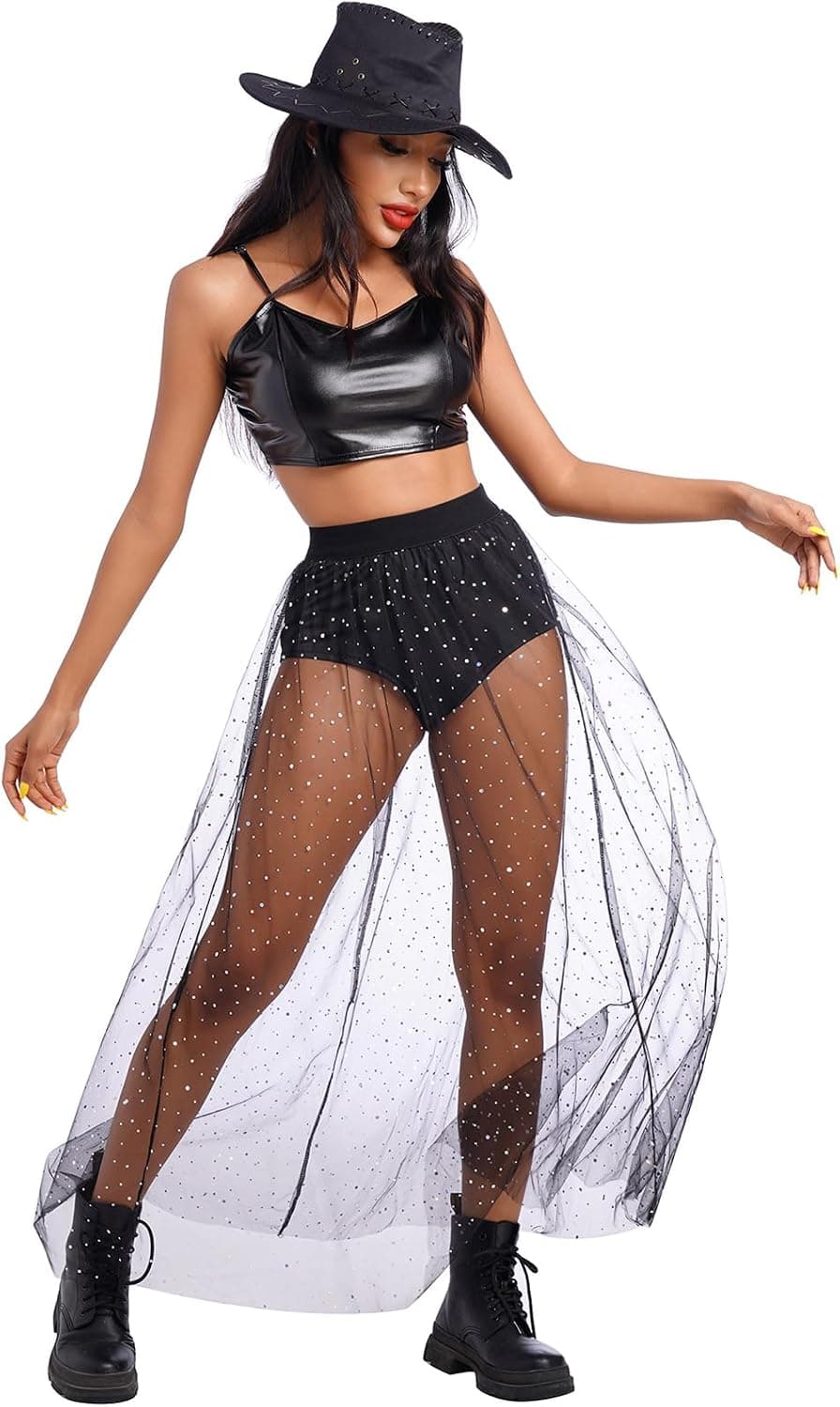 Women Shiny Stars Rave Skirt Flowy Mesh Tulle Maxi Skirts with Booty Bottoms Music Festival Clothes Halloween Costume
