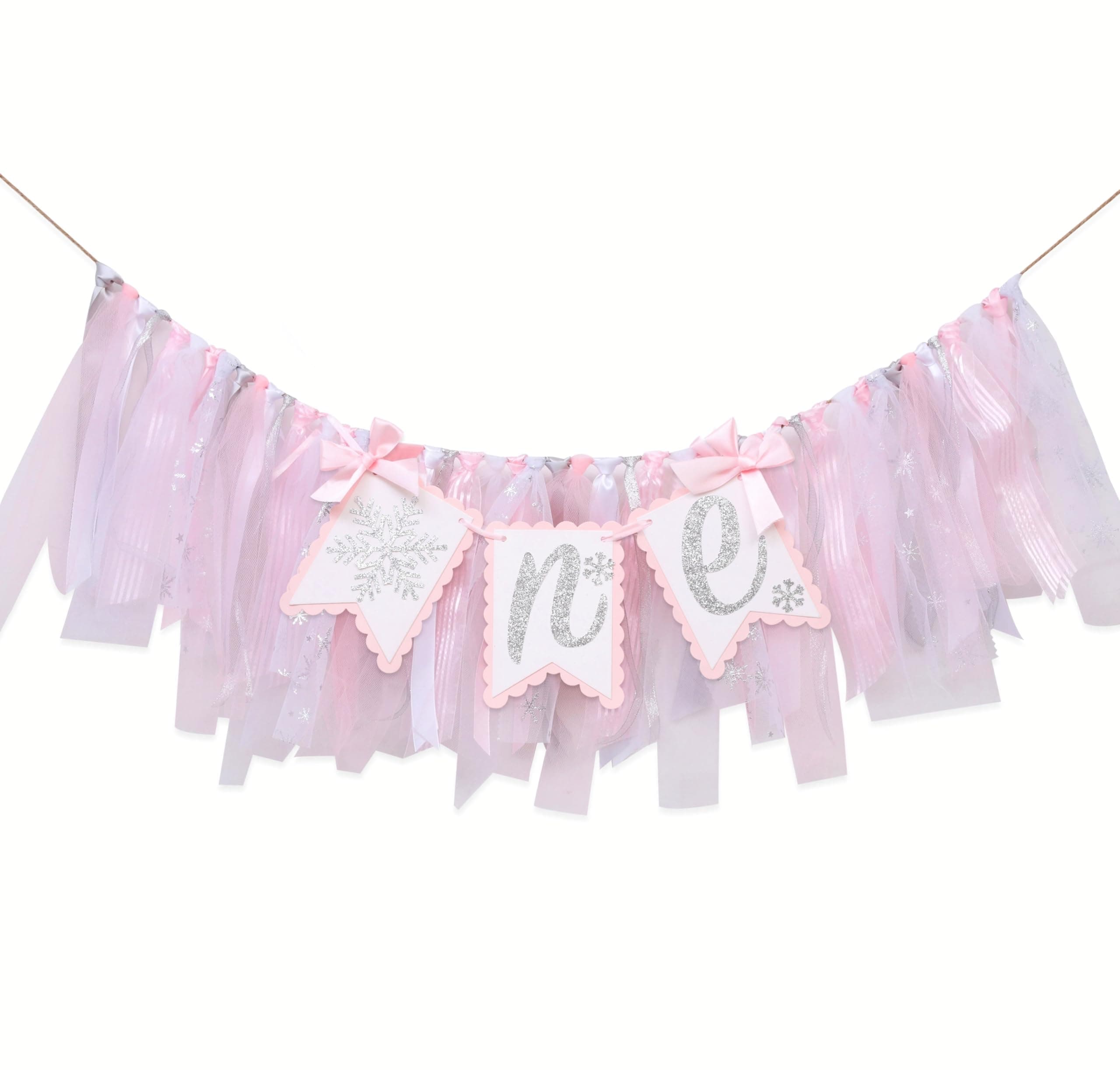 LINLULU Winter Onederland 1st Birthday Snowflake Banner, Silver Glitter & Pink Tulle