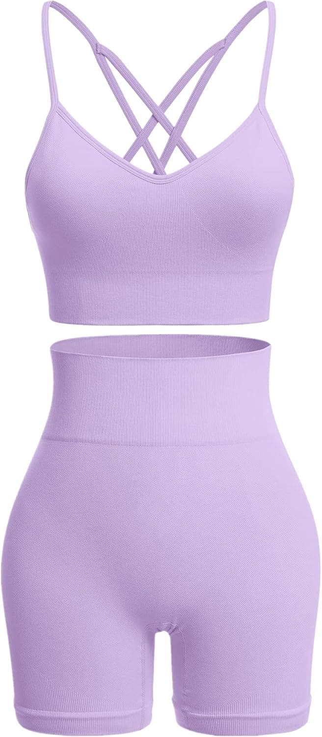 Seamless Workout Sets for Women Criss-Cross Back Strappy Sports Bras High Waist Biker Shorts 2 Piece Gym Yoga Outfits