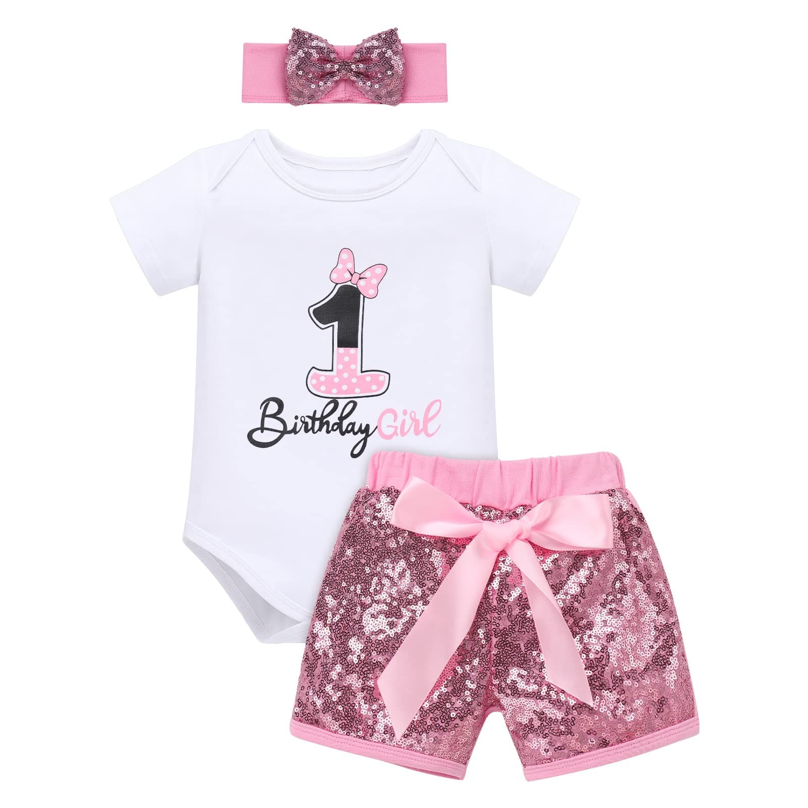 IMEKIS Baby Girl 1st Birthday Outfit & Romper with Sequin Shorts & Headband
