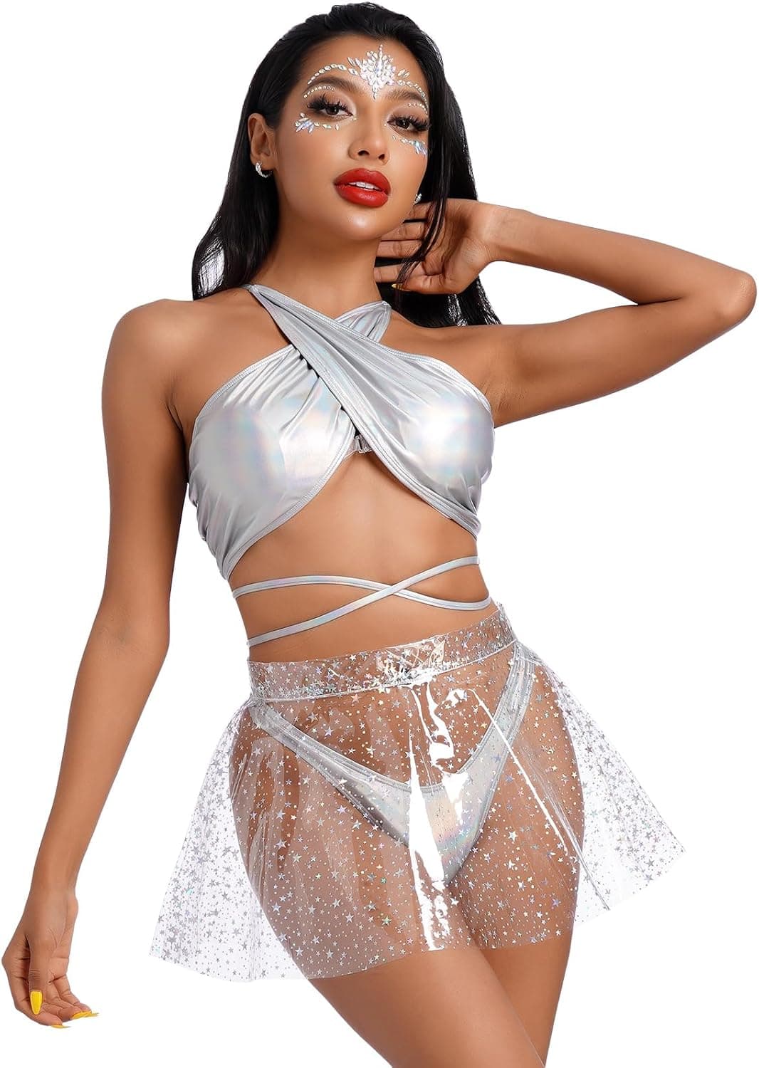 Women Rave Skirt Flared Pleated Skirts Shiny See Through Mini Skirt High Waist Clubwear Music Festivals Clothes