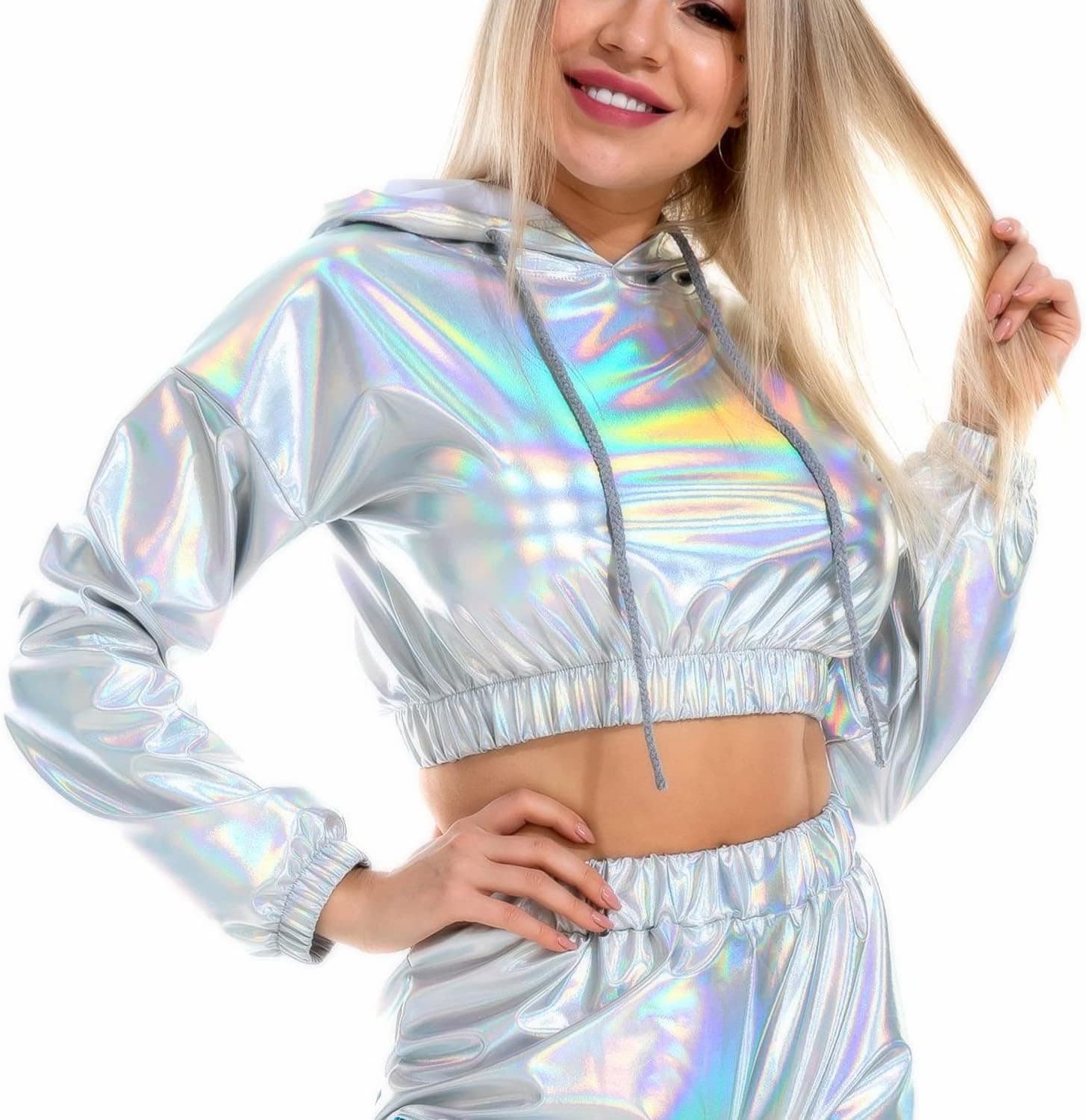 Holographic Crop Top Hoodies Shiny Metallic Top Rave Outfits For Women