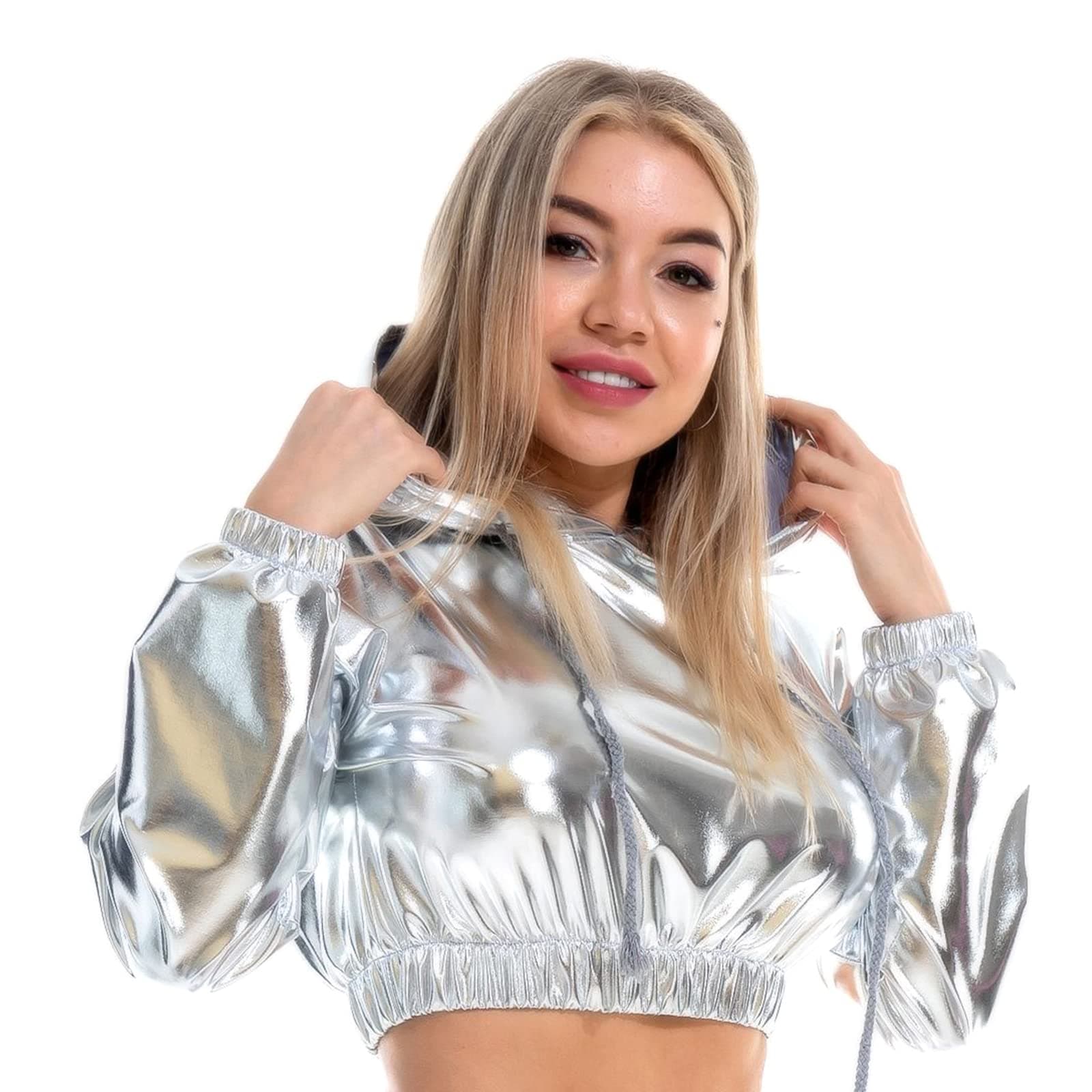Women's Metallic Shiny Crop Top Hoodie
