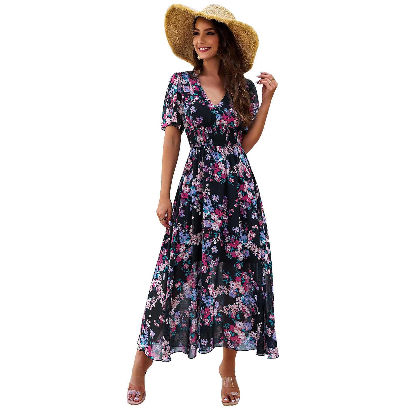 Women's V-Neck Maxi Dress with Floral Print