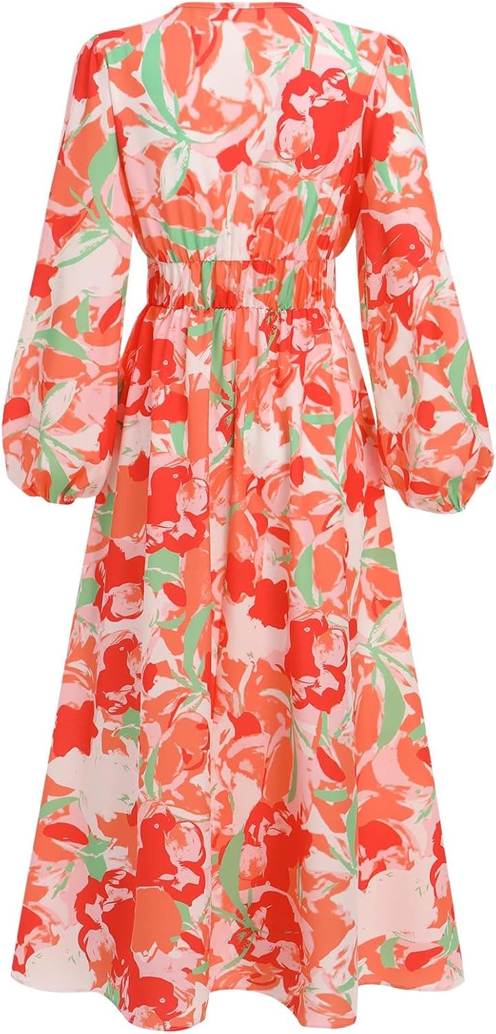 Causal Boho Dress for Women Long Sleeve V Neck Floral Printed Fall Maxi Dress Wedding Guest Formal Party Flowy Dresses