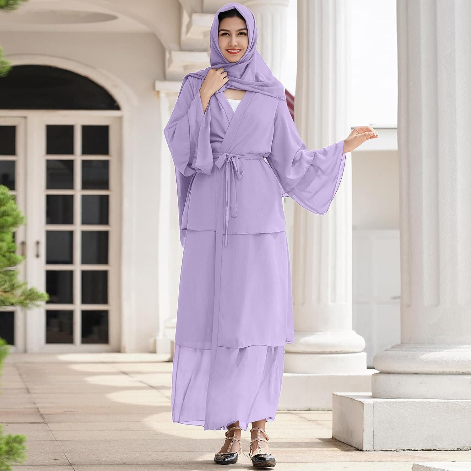 Women Muslim Chiffon Abaya Modest Open Front Cardigan Dress with Hijab Middle East Arabian Robe Islamic Dubai Outfit