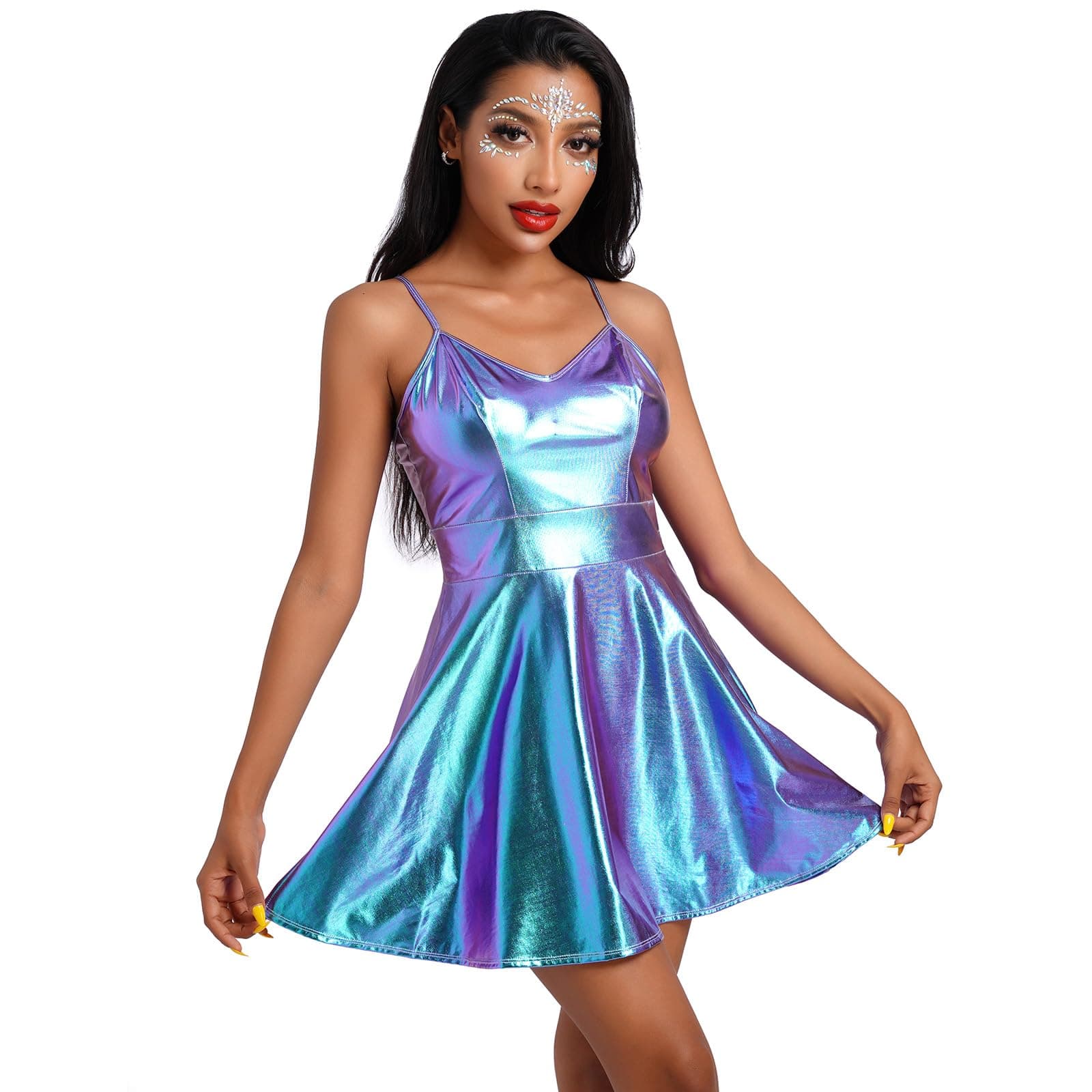 IMEKIS Women's Metallic Holographic Alien Cowgirl Disco Dress