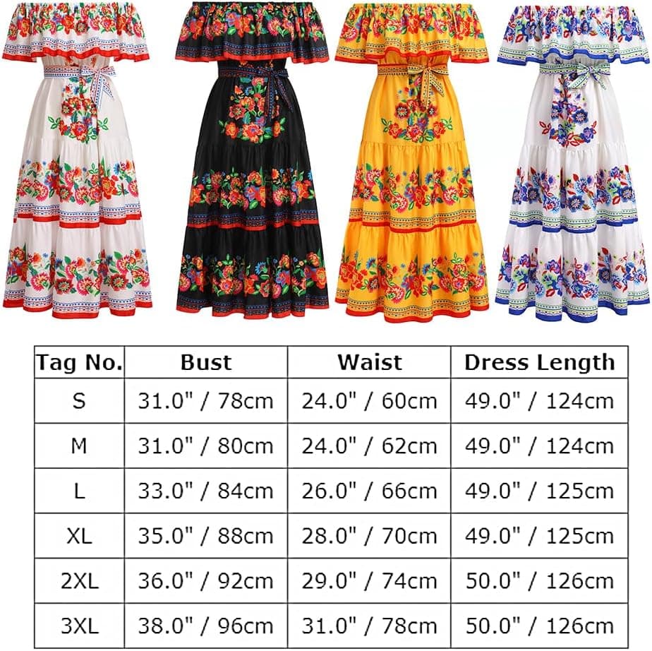 Women Mexican Dress Summer Floral Print Traditional Ethnic Wear Off Shoulder Beach Holiday Party Long Maxi Gowns